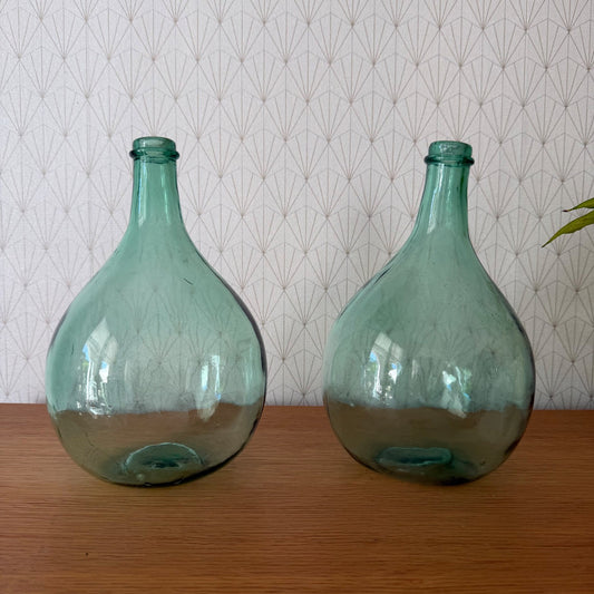 Set 2 French Demijohn Dame Jeanne Green Light Glass Bottles 2505263 Fleamarketfrance