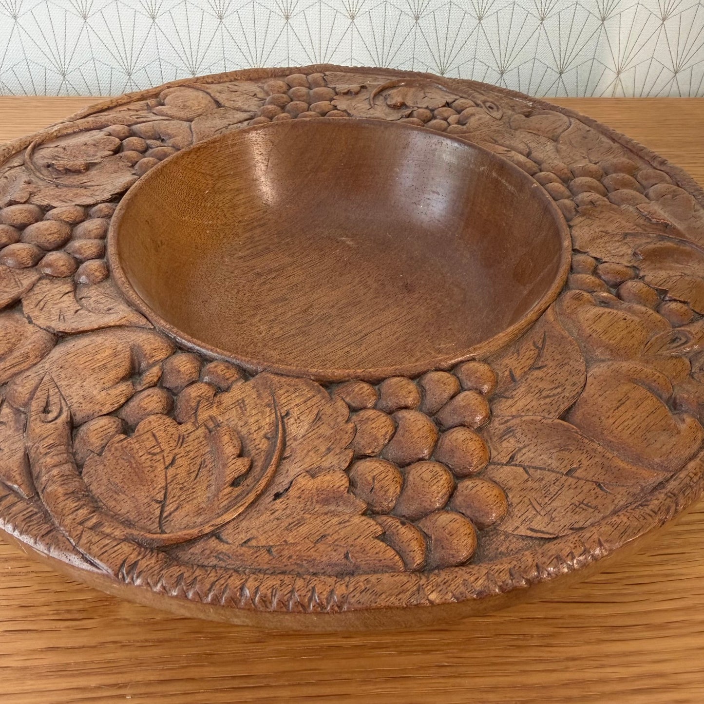 Vintage French Carved Wooden Fruit Bowl Grape Motif 13.6" 1006265 Vermillion Real Walnut
