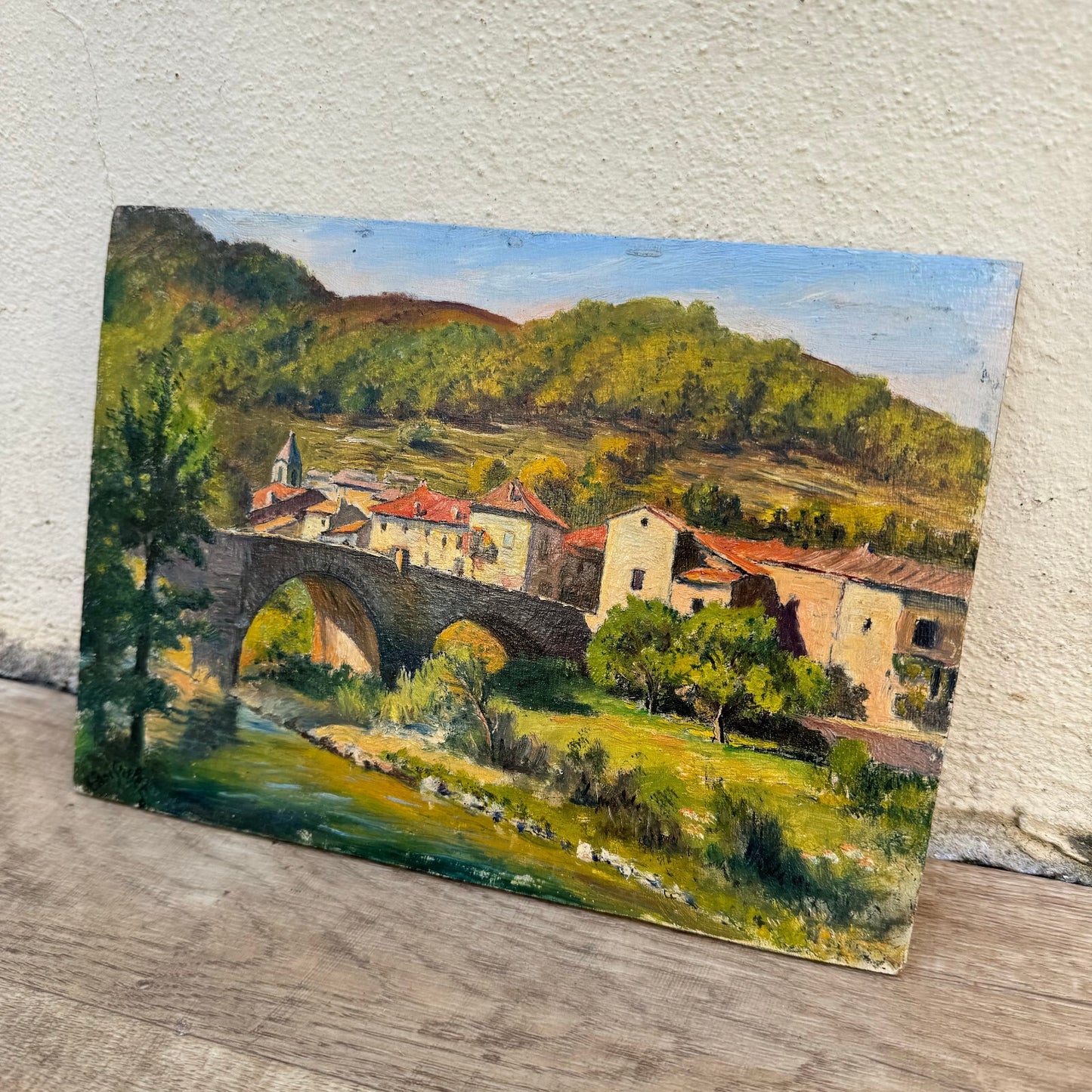 Vintage French Oil Painting Ardeche Village Bridge Signed Wood Panel 0706245 Fleamarketfrance