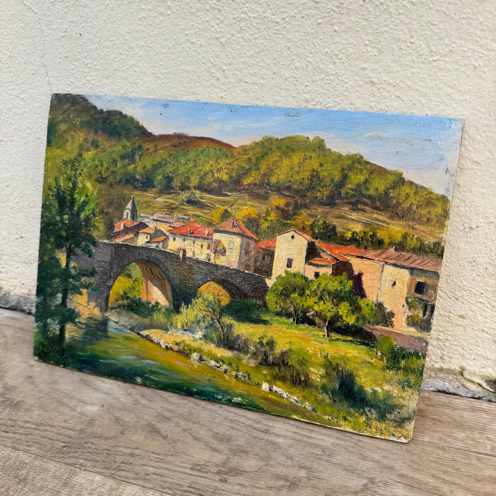 Vintage French Oil Painting Ardeche Village Bridge Signed Wood Panel 0706245 Fleamarketfrance