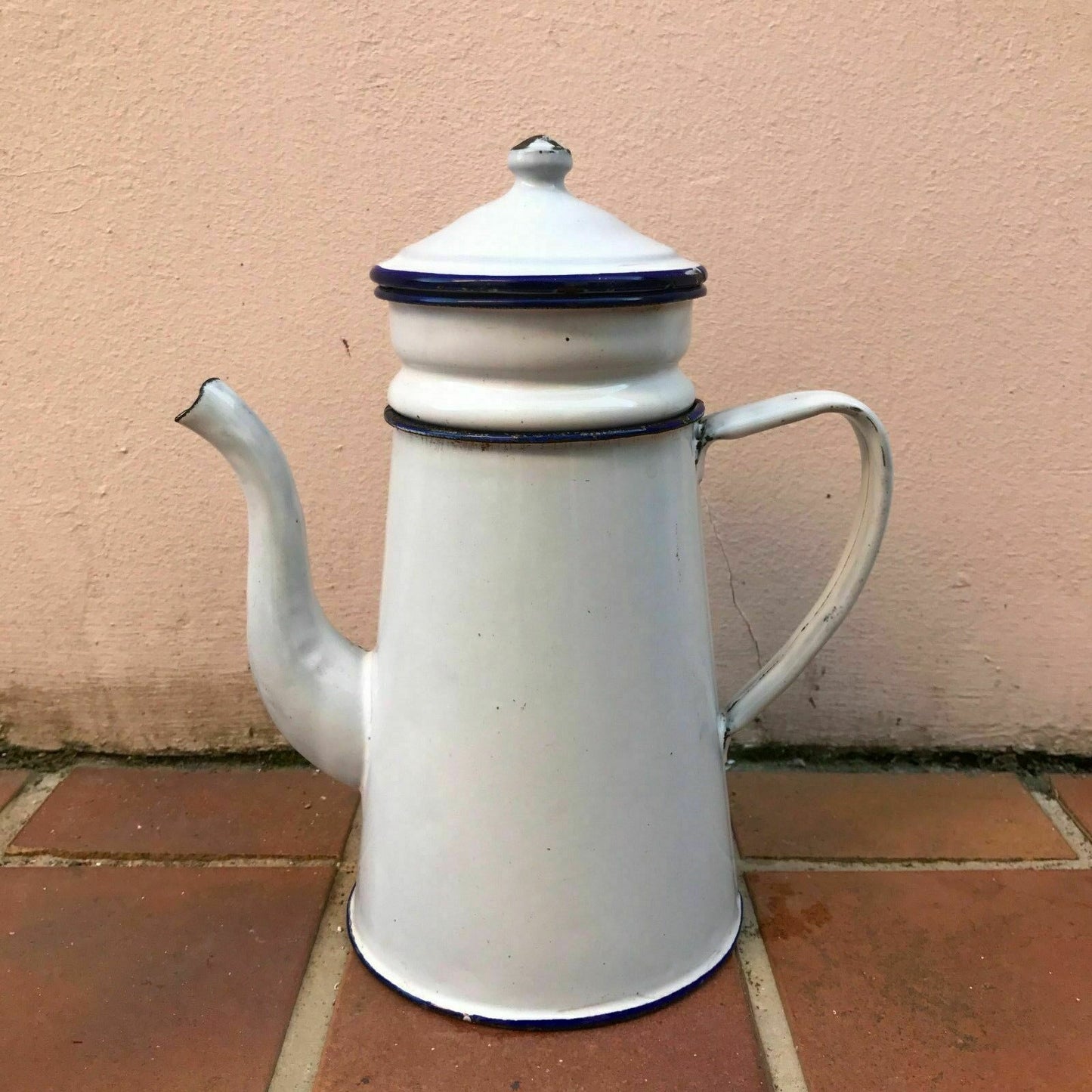 RARE Vintage French Enamelware white and blue Enamel Coffee Pot - Fleamarketfrance