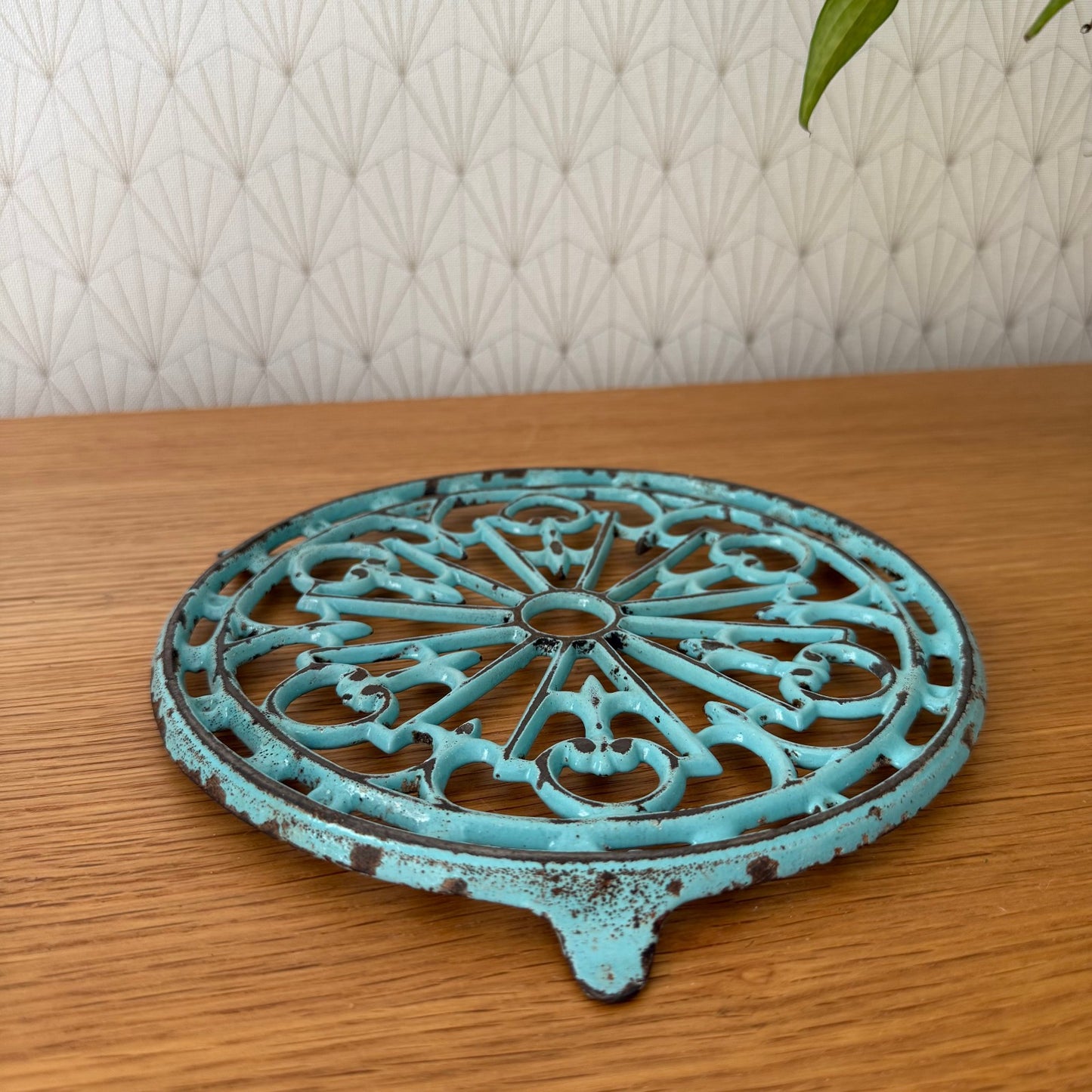 Antique vintage french Cast iron kitchen Trivet france blue turquoise 0807259 Does Not Apply