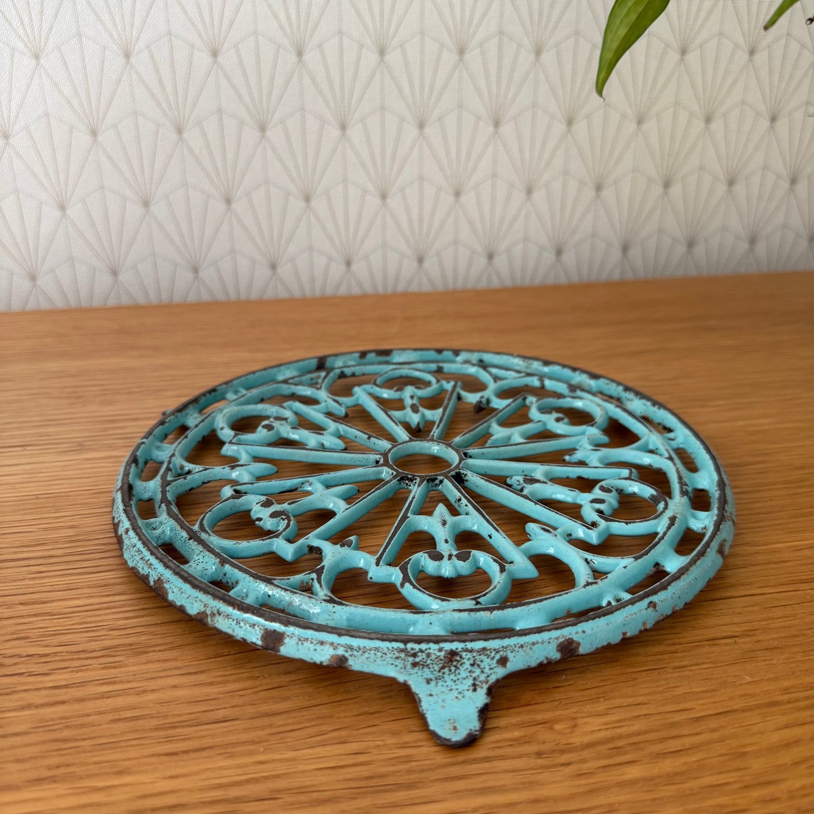 Antique vintage french Cast iron kitchen Trivet france blue turquoise 0807259 Does Not Apply