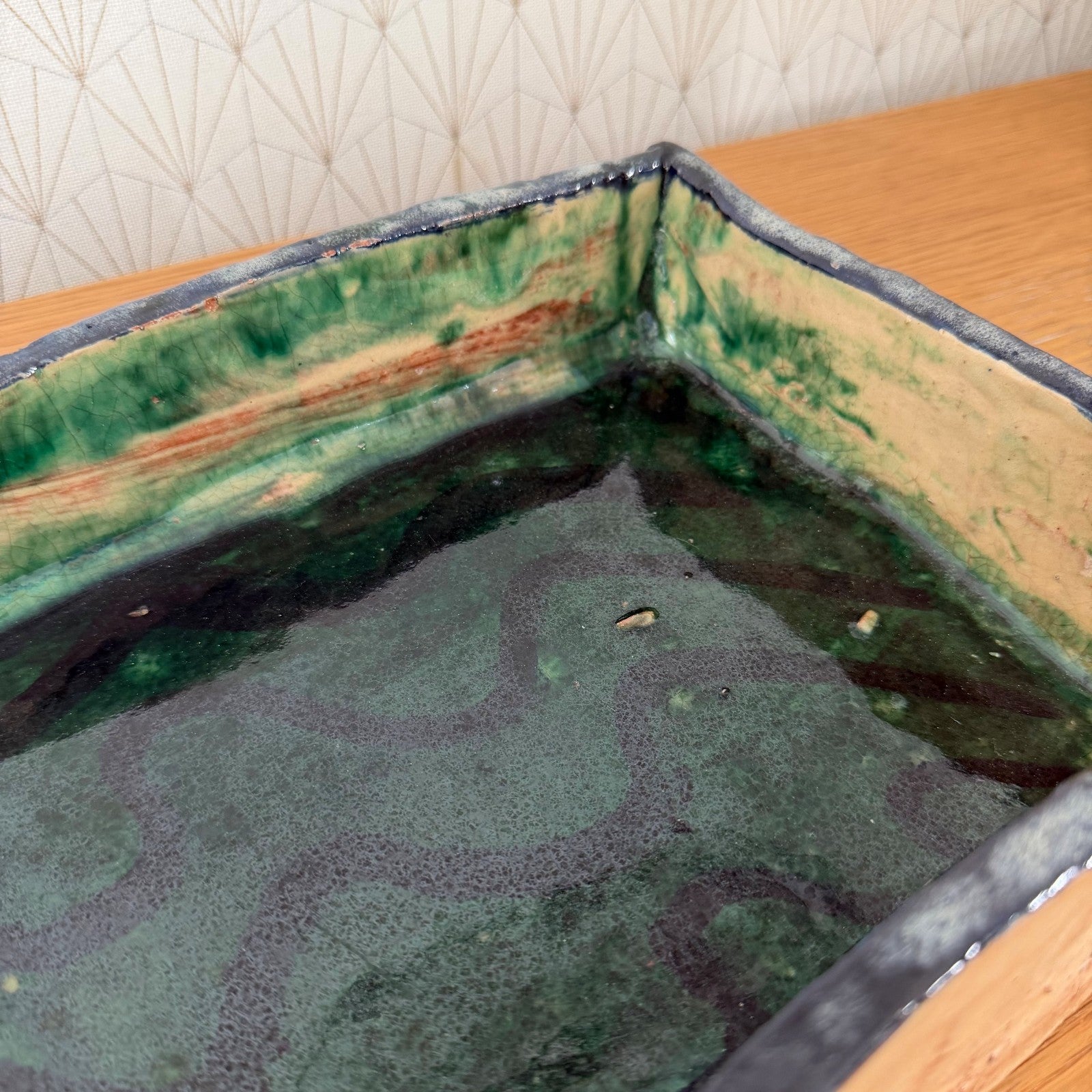 French Artist Studio Pottery Tray Green Glaze Handmade Vintage 1408269 Fleamarketfrance