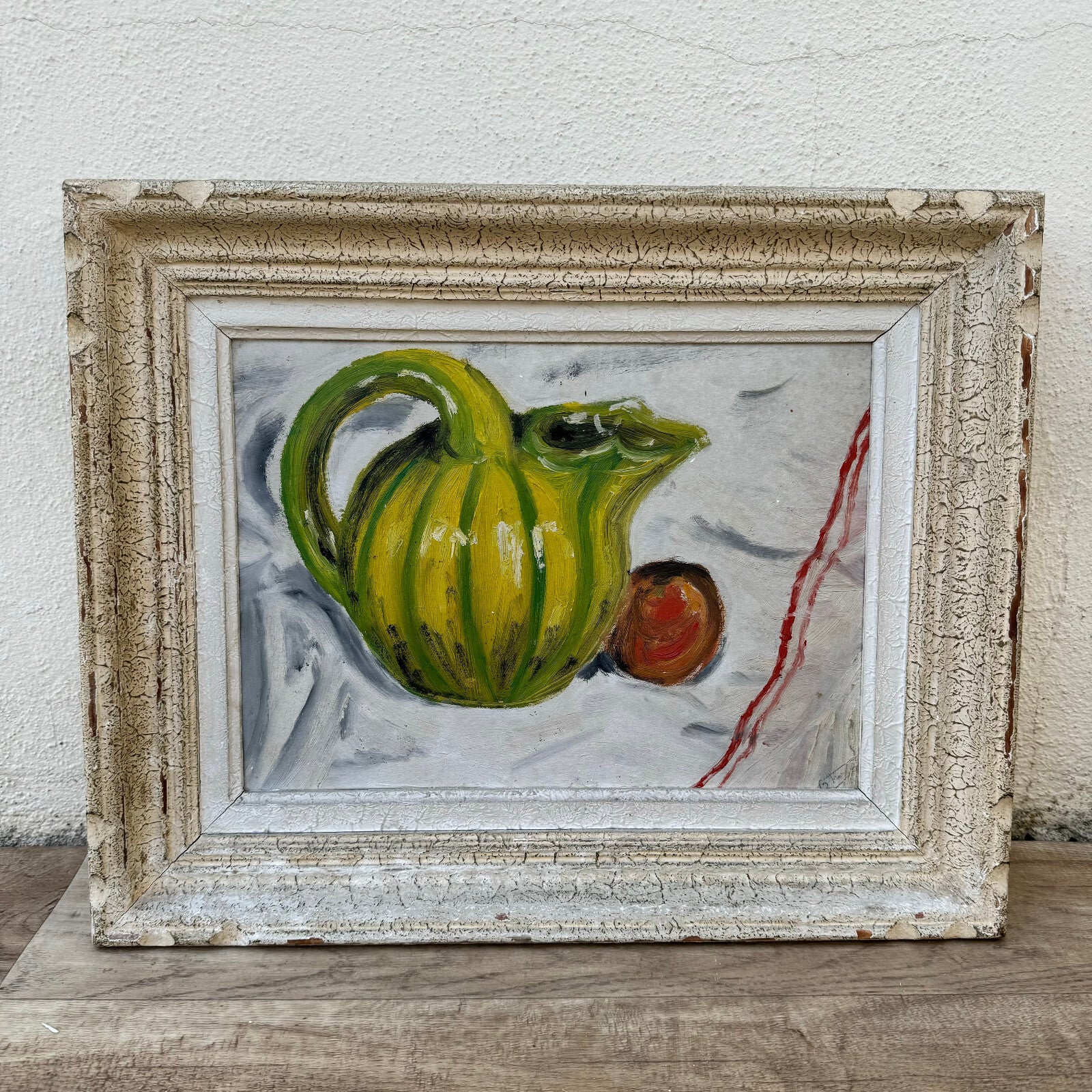French Still Life Oil Painting Green Pitcher Canvas Vintage Art 23022413 Fleamarketfrance