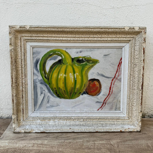 French Still Life Oil Painting Green Pitcher Canvas Vintage Art 23022413 Fleamarketfrance
