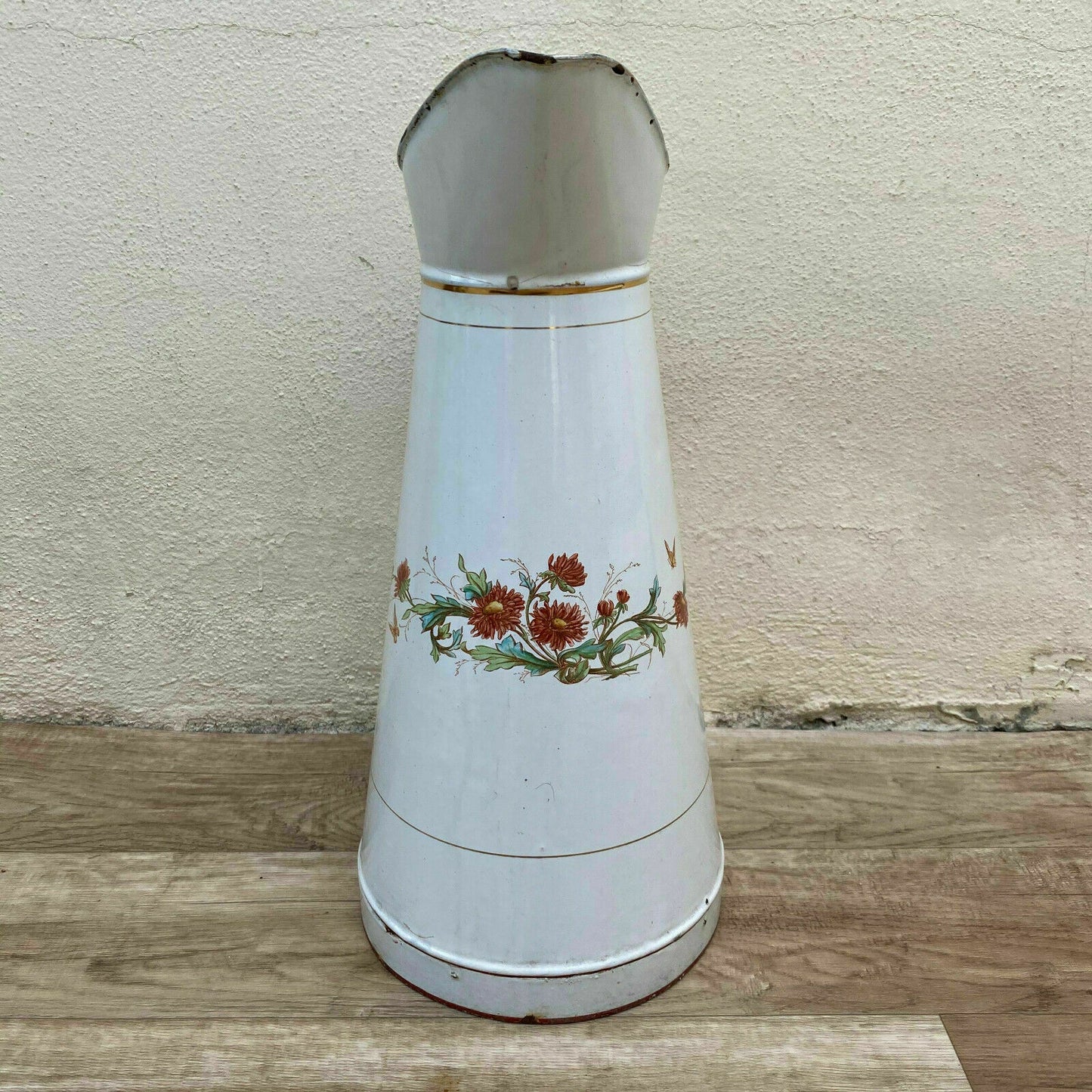 Vintage French Enamel Pitcher Japy White Floral Water Jug 41cm 08112011 Japy