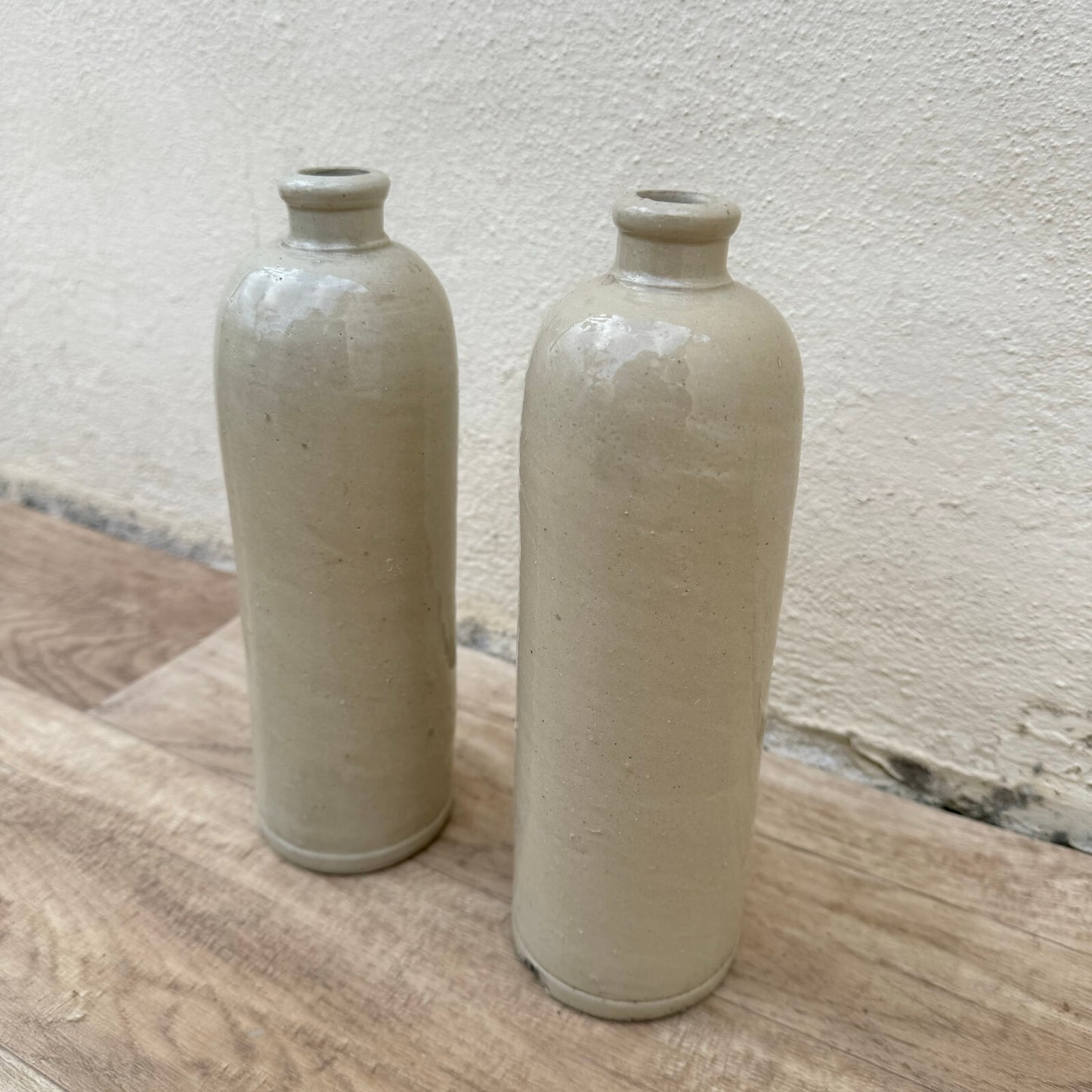 French Stoneware Bottles Vintage Ceramic Wine Jugs Pair Taupe Glaze 2904249 Unmarked