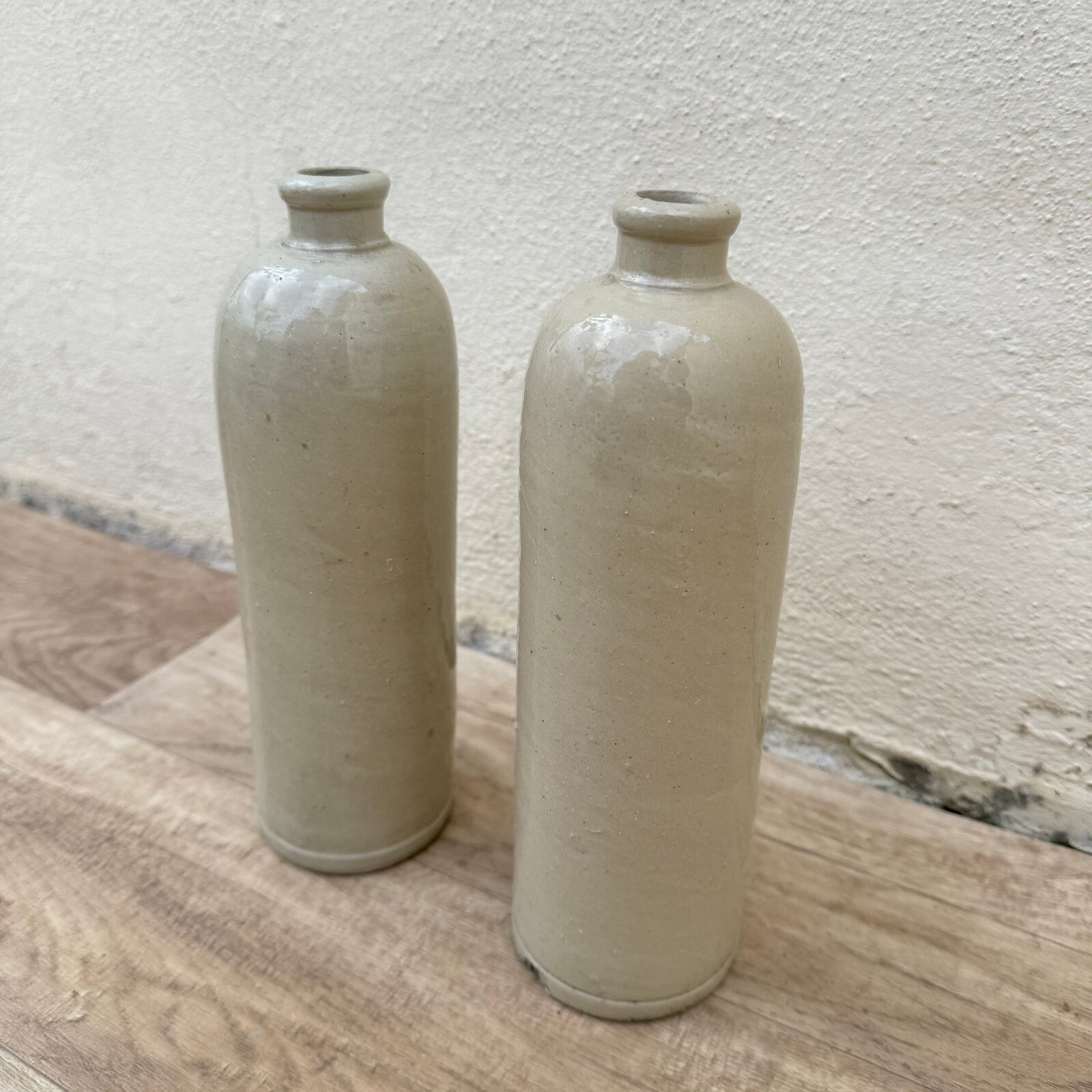 French Stoneware Bottles Vintage Ceramic Wine Jugs Pair Taupe Glaze 2904249 Unmarked