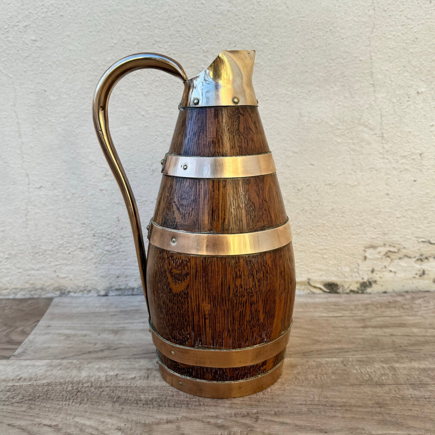 Vintage French Wooden Wine Cider Jug Pitcher Staved Wood Metal 9 1/2" 0405246 - Fleamarketfrance