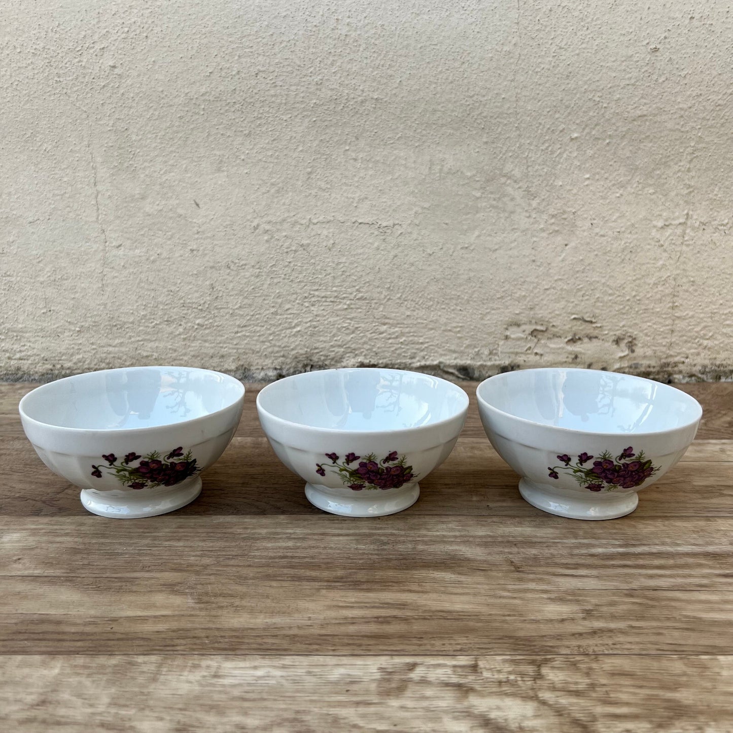 French Vintage Porcelain Bowls Purple Violets Cereal Breakfast Set 12102425 Chauvigny Style