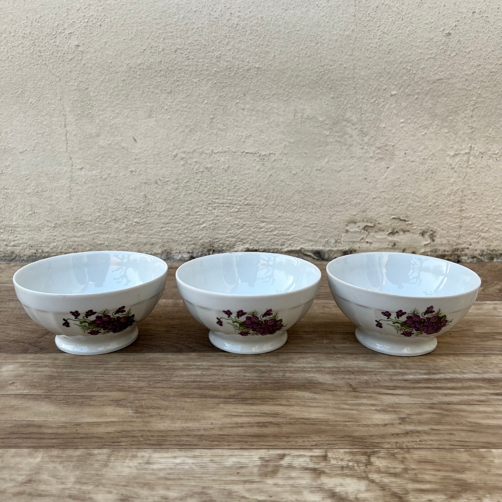 French Vintage Porcelain Bowls Purple Violets Cereal Breakfast Set 12102425 Chauvigny Style