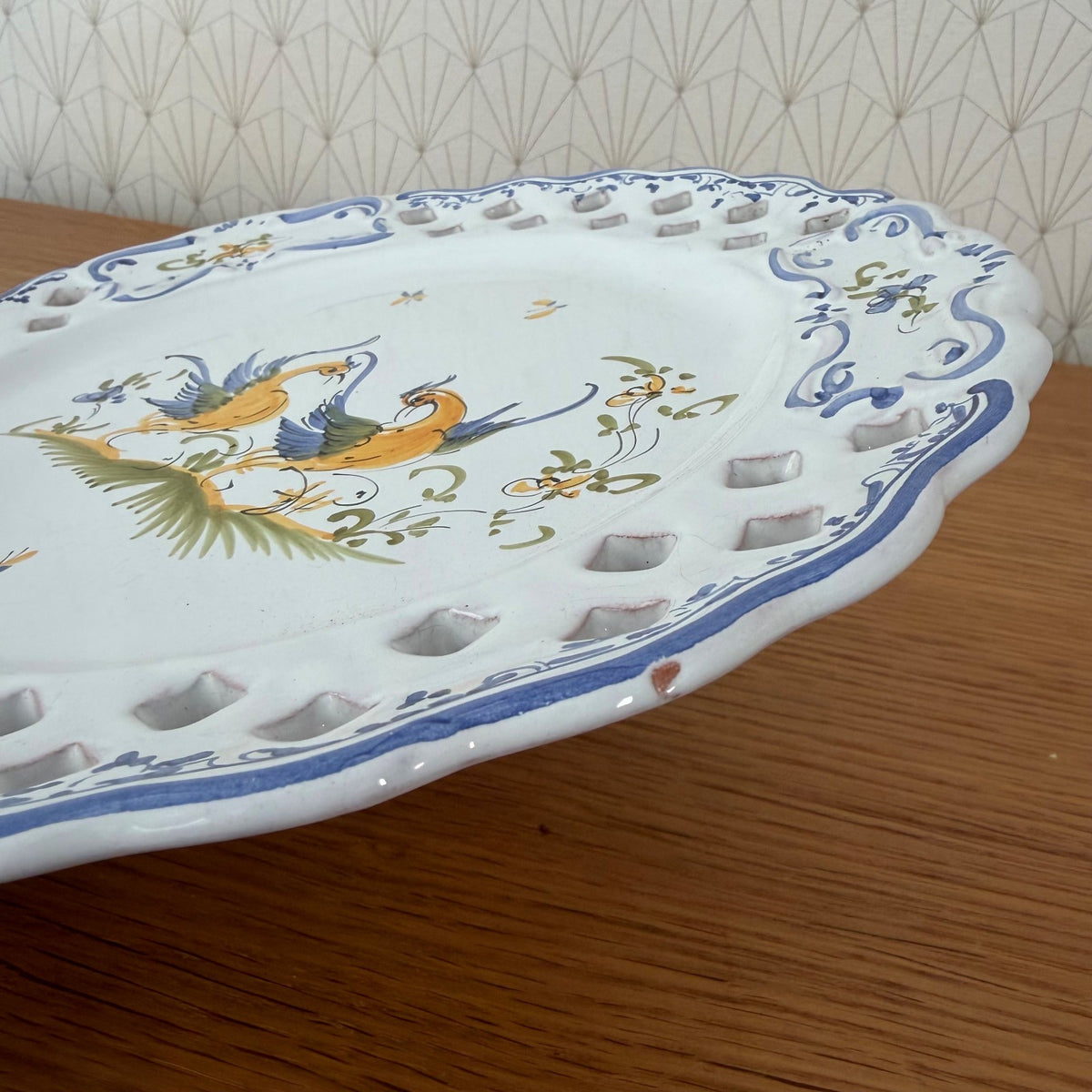 French Moustiers Faience Plate Hand Painted Reticulated Birds 04092626