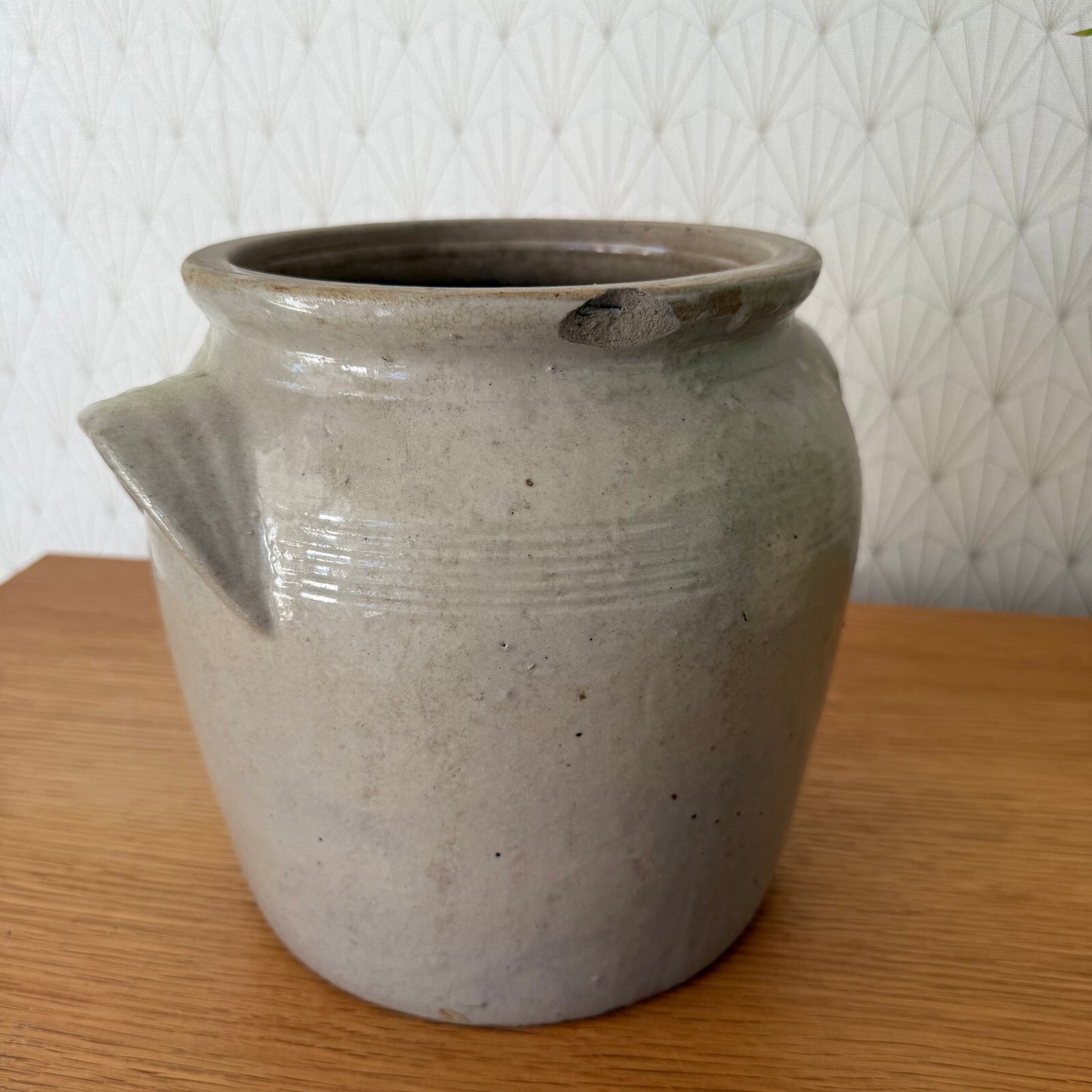 Handmade Glazed Grey Vintage French Confit Grease Pot Stoneware  2205251