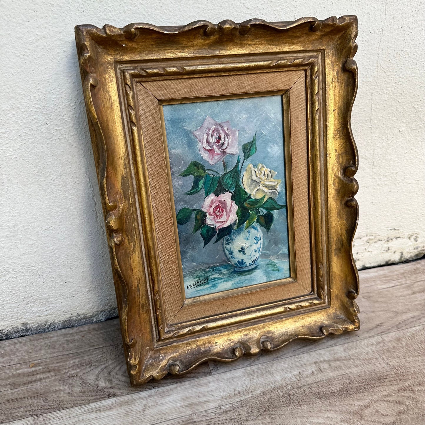 French Rose Painting Still Life Oil Canvas Signed L Julien Vintage 01112330 Fleamarketfrance