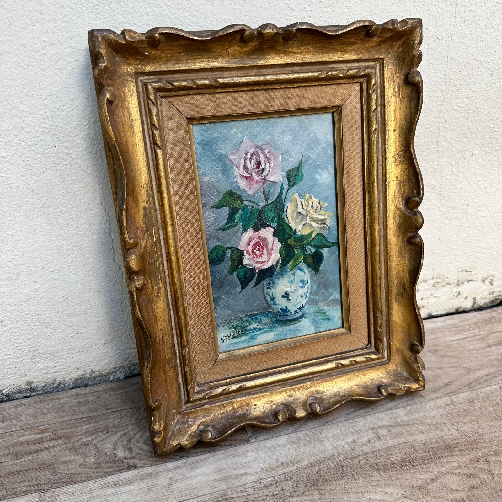 French Rose Painting Still Life Oil Canvas Signed L Julien Vintage 01112330 Fleamarketfrance