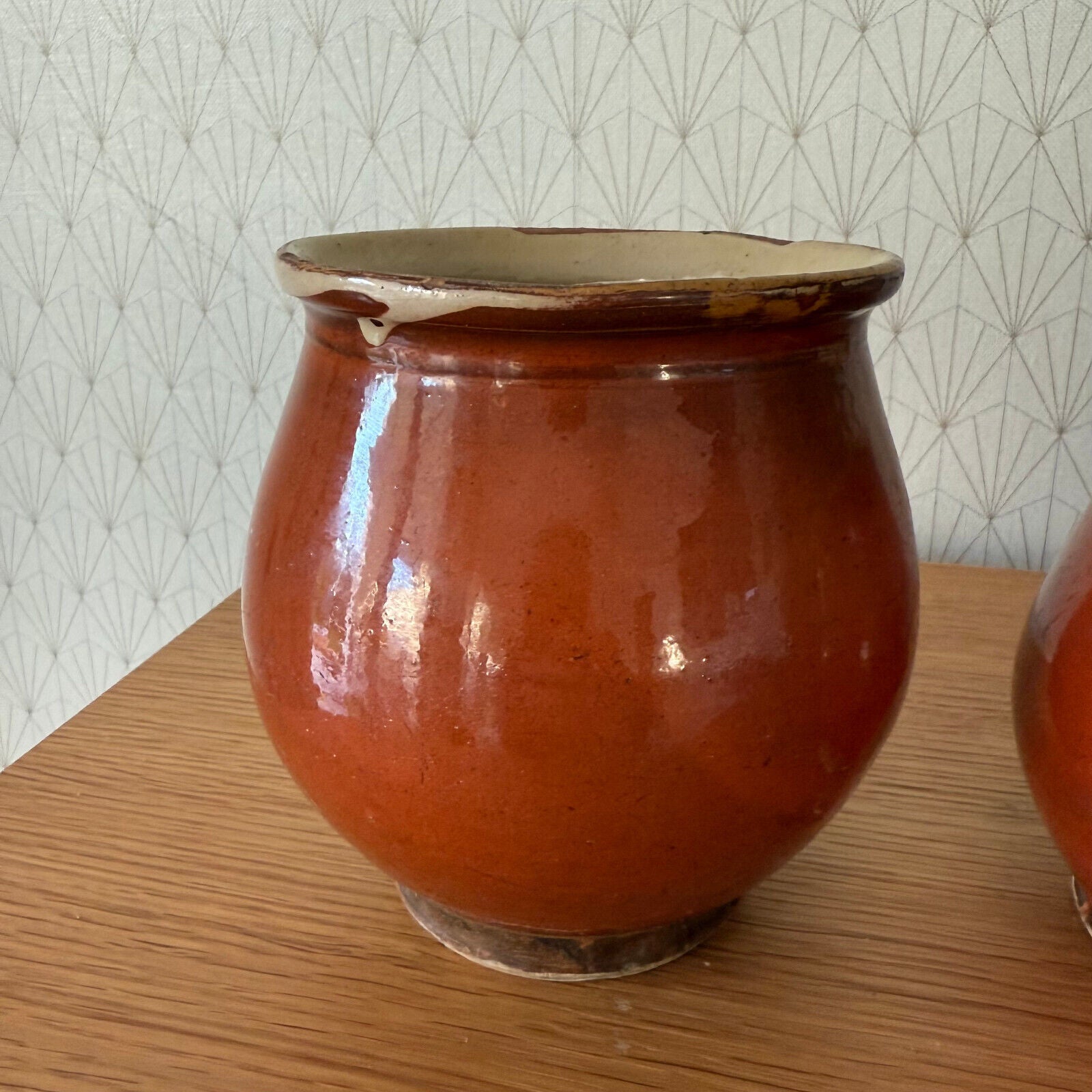 2 HANDMADE GLAZED RED YELLOW ANTIQUE 1850 FRENCH HONEY POTS TERRACOTTA 01122411 - Fleamarketfrance