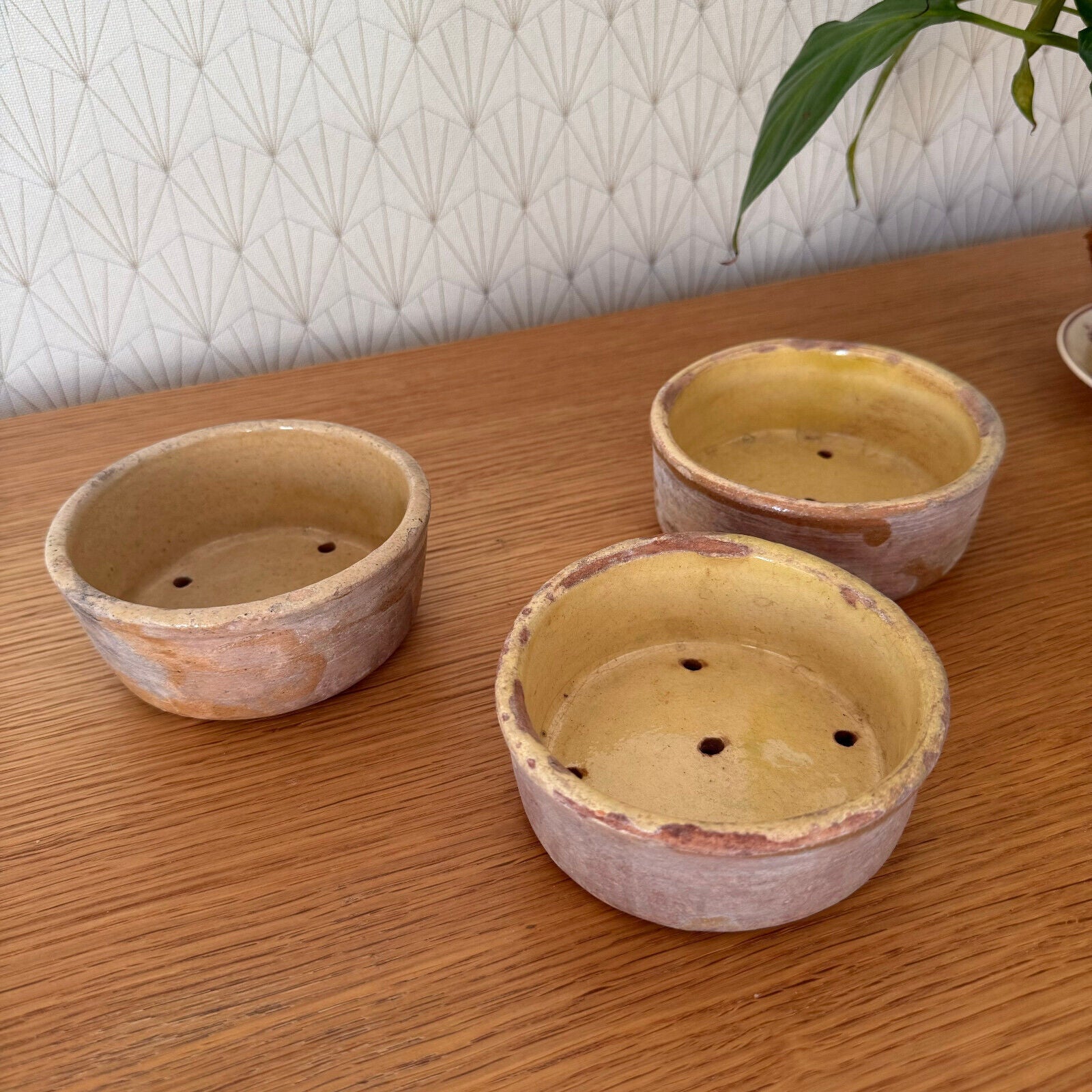 3 Vintage Antique glazed French Tan Stoneware Cheese Faisselle Strainer 1111248 - Fleamarketfrance