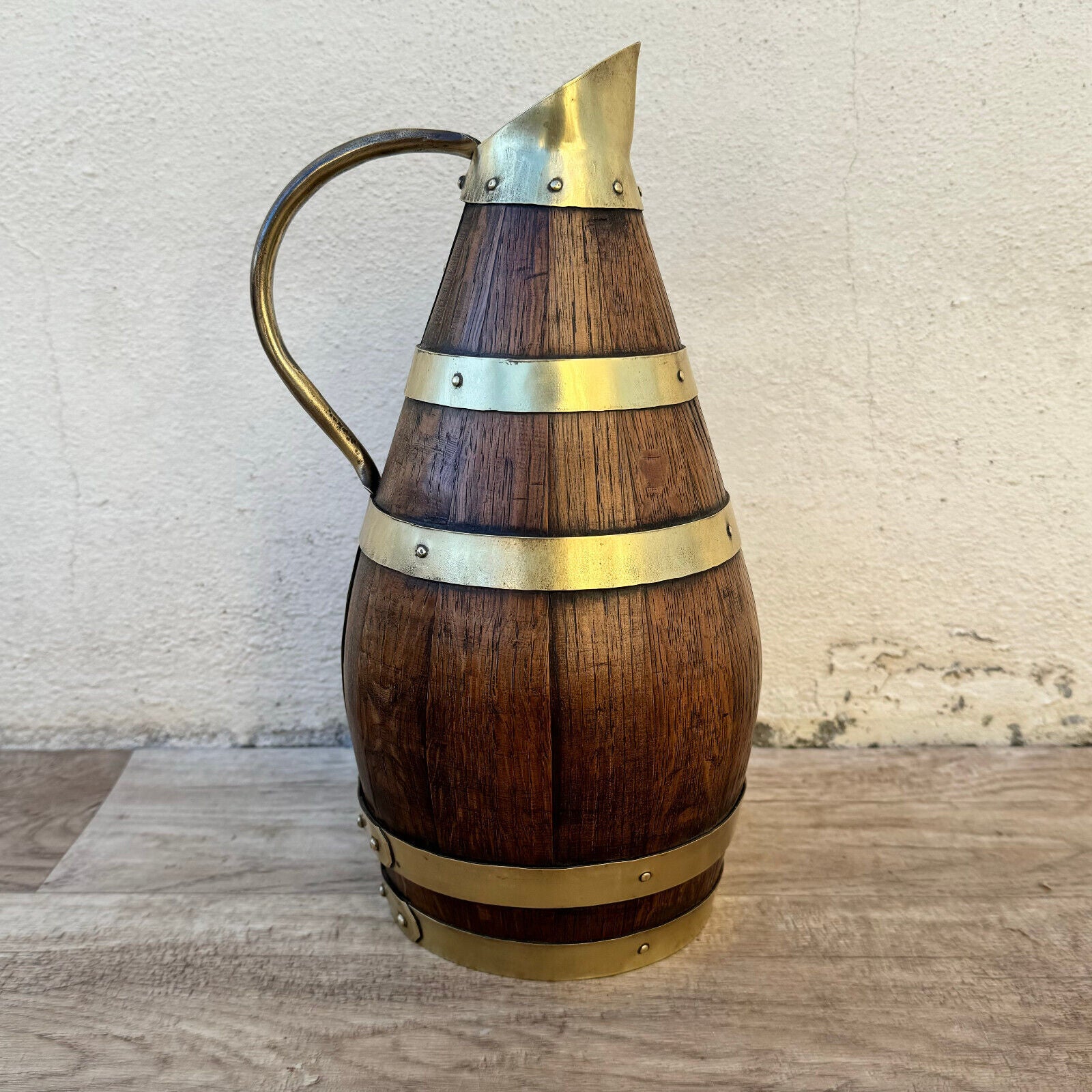 Vintage French Wooden Wine Cider Jug Pitcher Staved Wood Metal 11 3/4" 0405245 - Fleamarketfrance