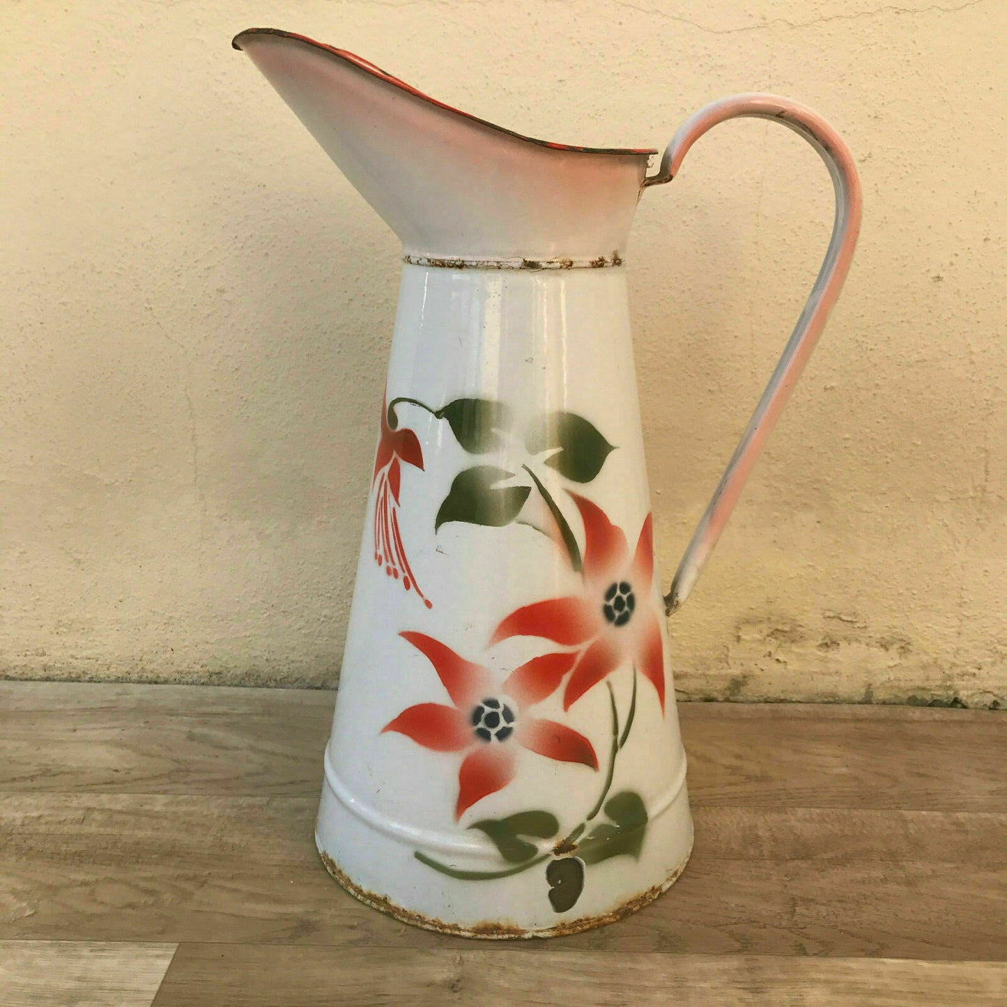 Vintage French Enamel pitcher jug water enameled white with flowers 2601182 - Fleamarketfrance