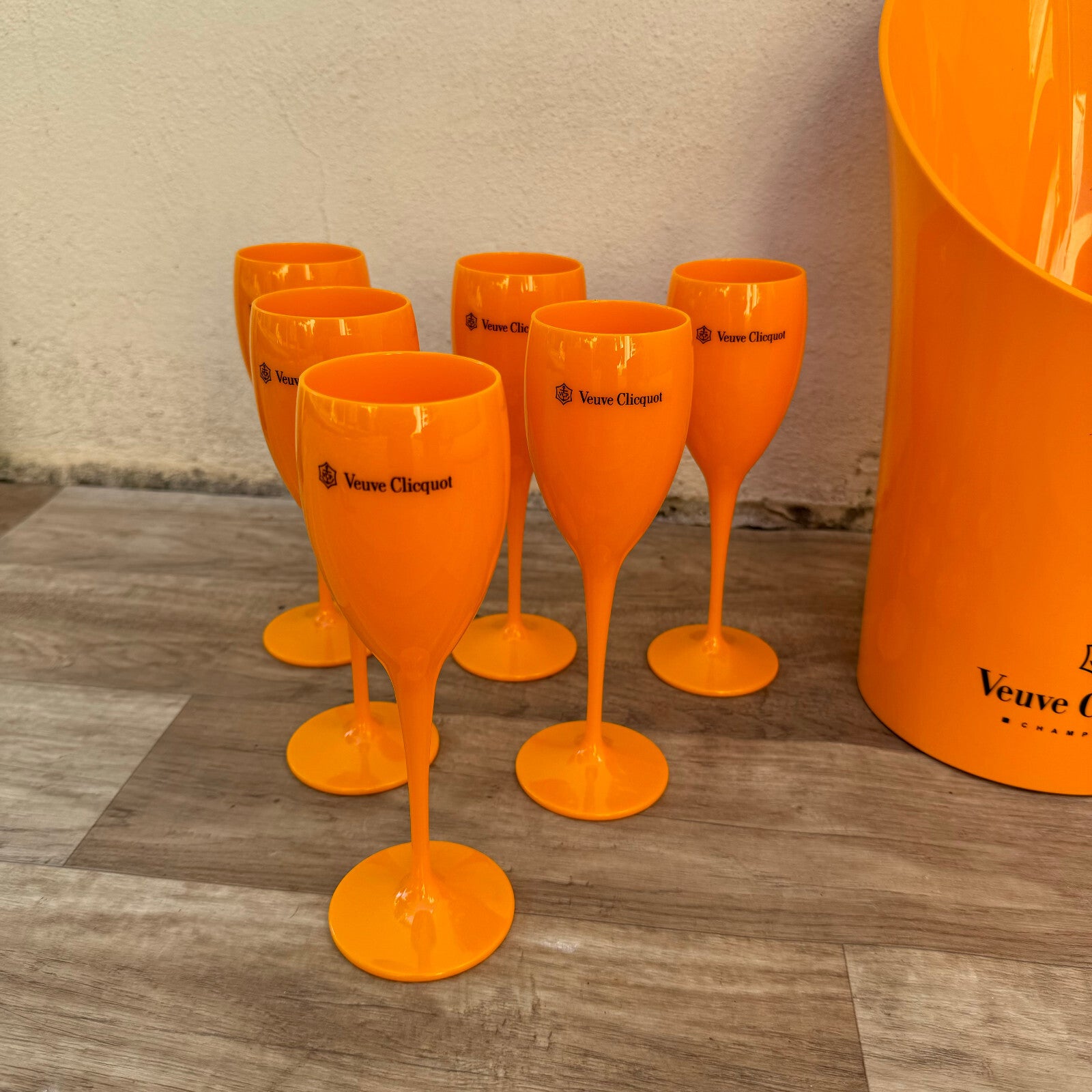 Veuve Clicquot Orange Plastic Champagne Flutes Ice Bucket Set 6 French 2501261 Veuve Clicquot