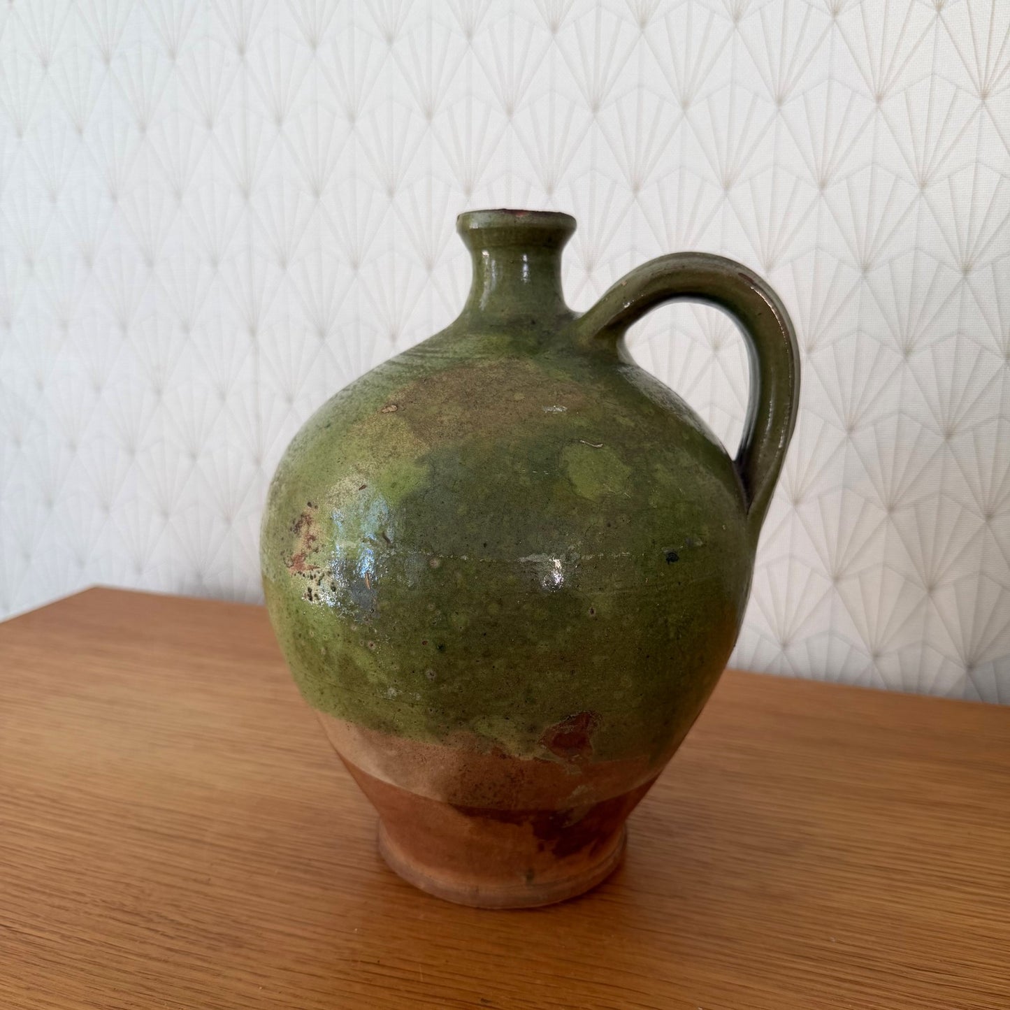 Antique French Green Glazed Water Jug Oil Pottery Terracotta 0107267 Fleamarketfrance