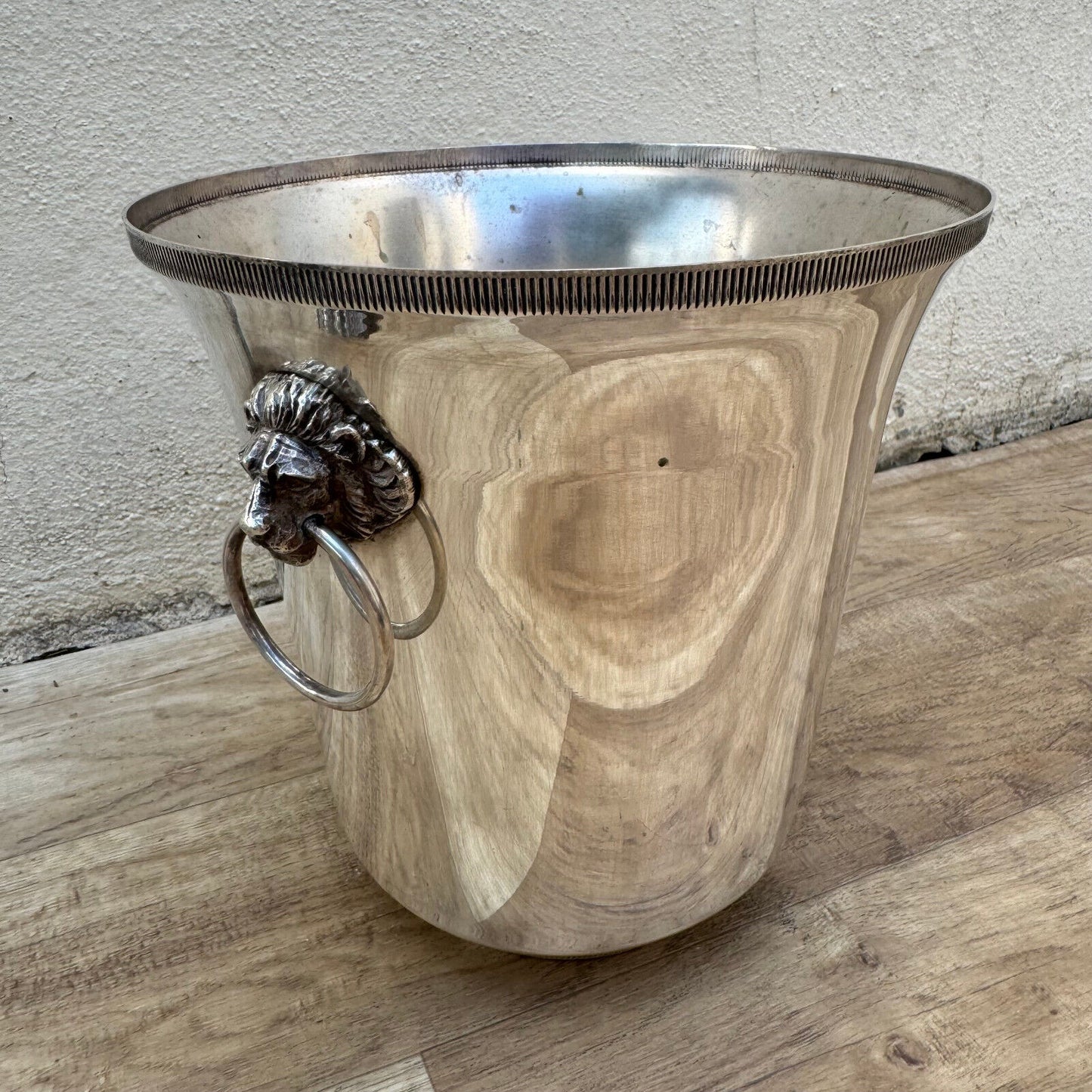 Vintage French Champagne Silverplate Ice Bucket Lion Head Handles 1012247 - Fleamarketfrance