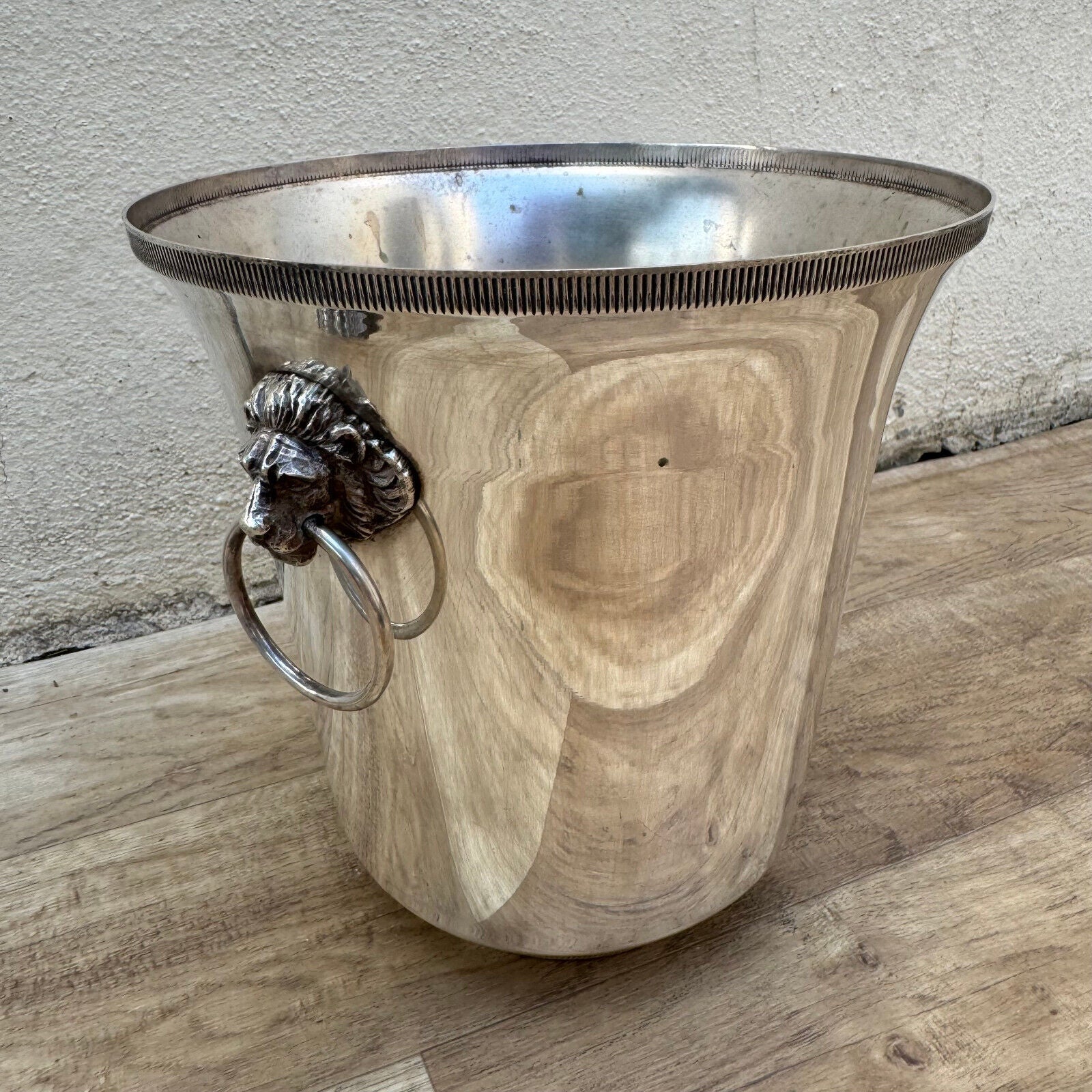 Vintage French Champagne Silverplate Ice Bucket Lion Head Handles 1012247 - Fleamarketfrance