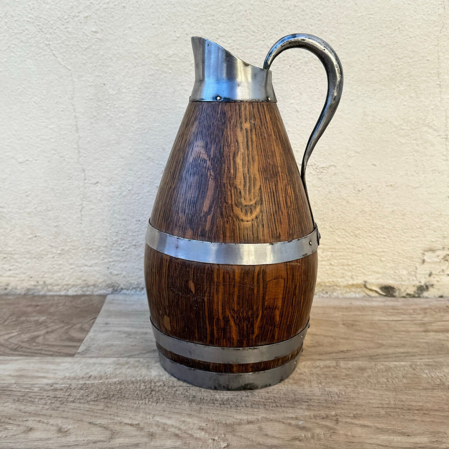 Vintage French Wooden Wine Cider Jug Pitcher Staved Wood Metal 9 3/4" 04052412 - Fleamarketfrance