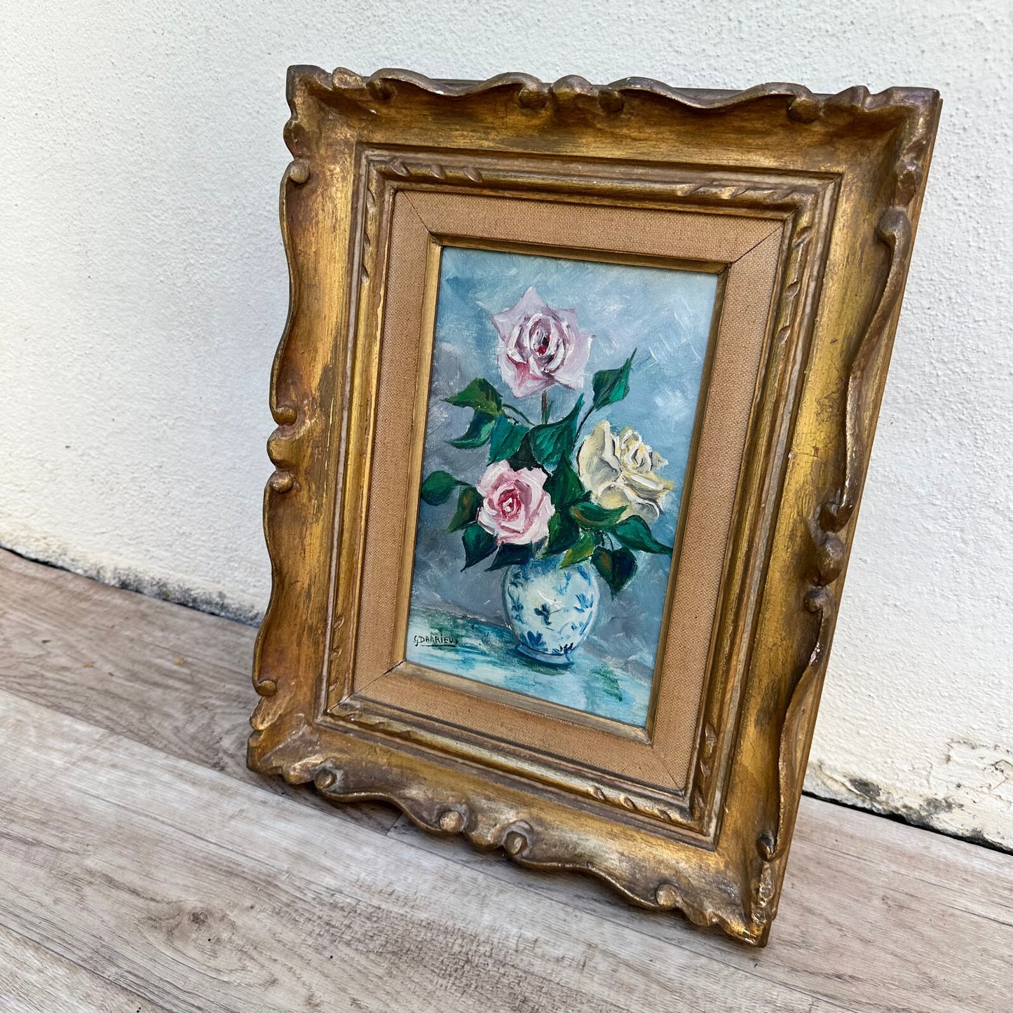 French Rose Painting Still Life Oil Canvas Signed L Julien Vintage 01112330 Fleamarketfrance