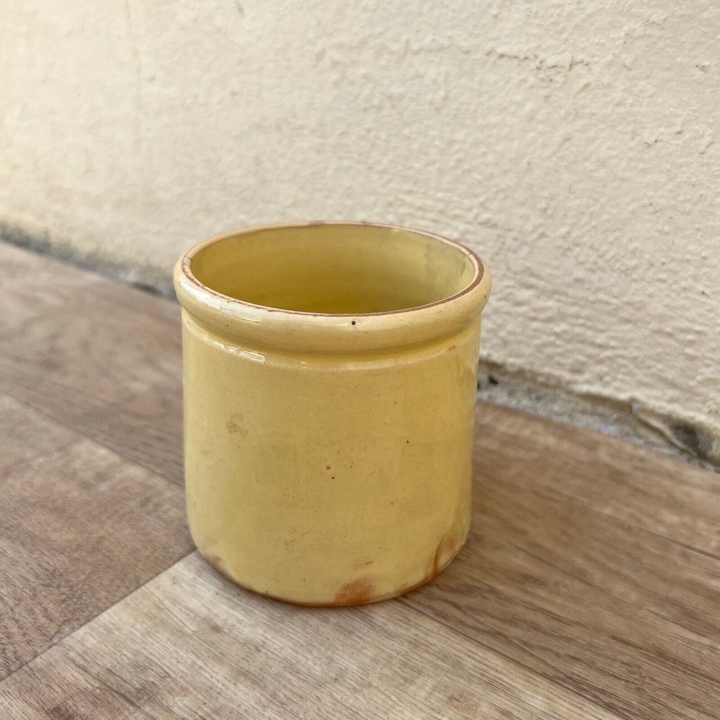 HANDMADE GLAZED YELLOW ANTIQUE FRENCH CONFIT JAM POT 3 1/2" TERRACOTTA  12102412 - Fleamarketfrance