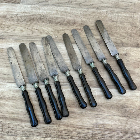 Antique French Dinner Knives Faux Ebony Horn Handles Silver Collar 12pcs 2608234 - Fleamarketfrance