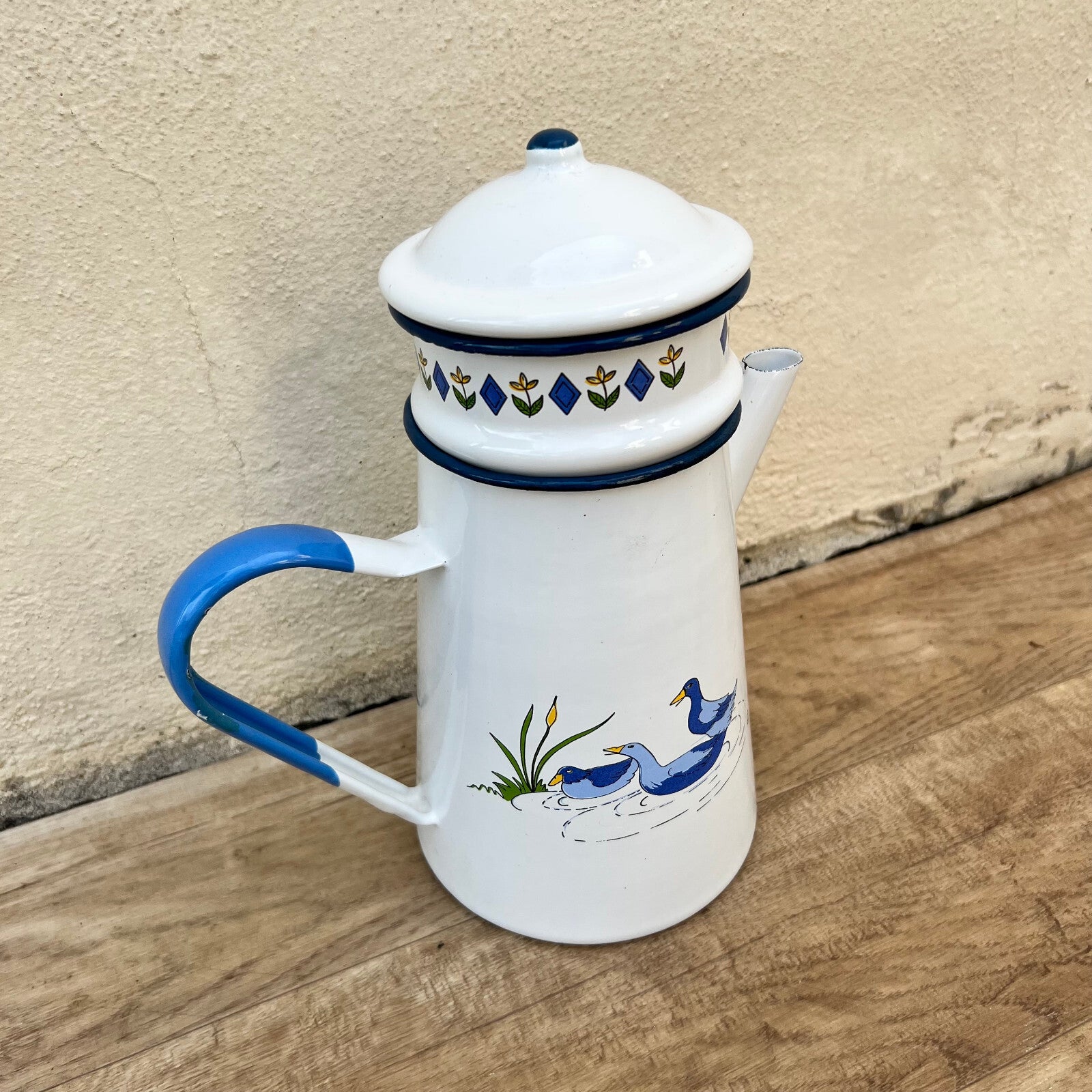 French Enamelware Coffee Pot Duck Pattern White Blue Vintage 26052217 White