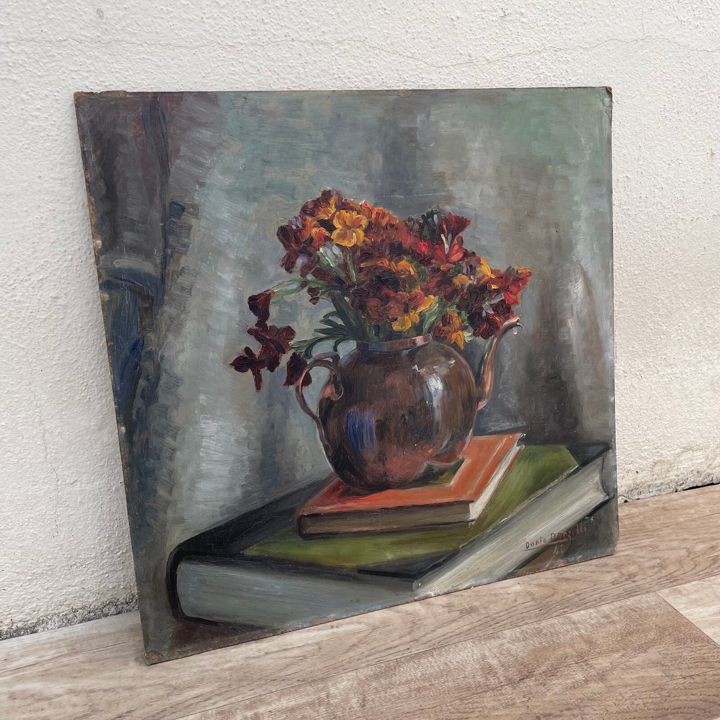 French Still Life Painting Flowers Teapot Books Signed Dante Donelli 1703251 Fleamarketfrance