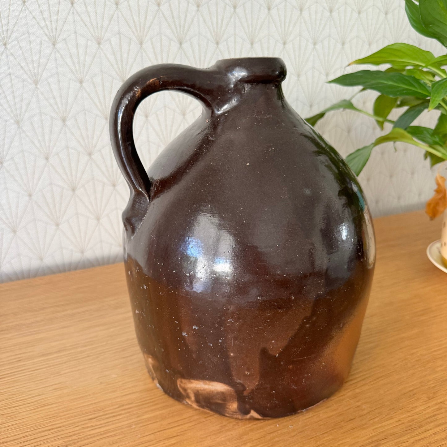 Antique French Stoneware Jug Brown Amber Glaze Handmade Pottery 1906242 Unmarked