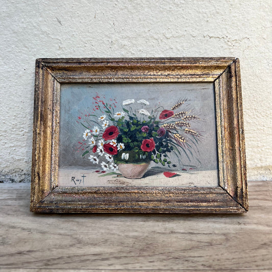 Small French still life flowers poppies painting framed and signed 0610243 - Fleamarketfrance