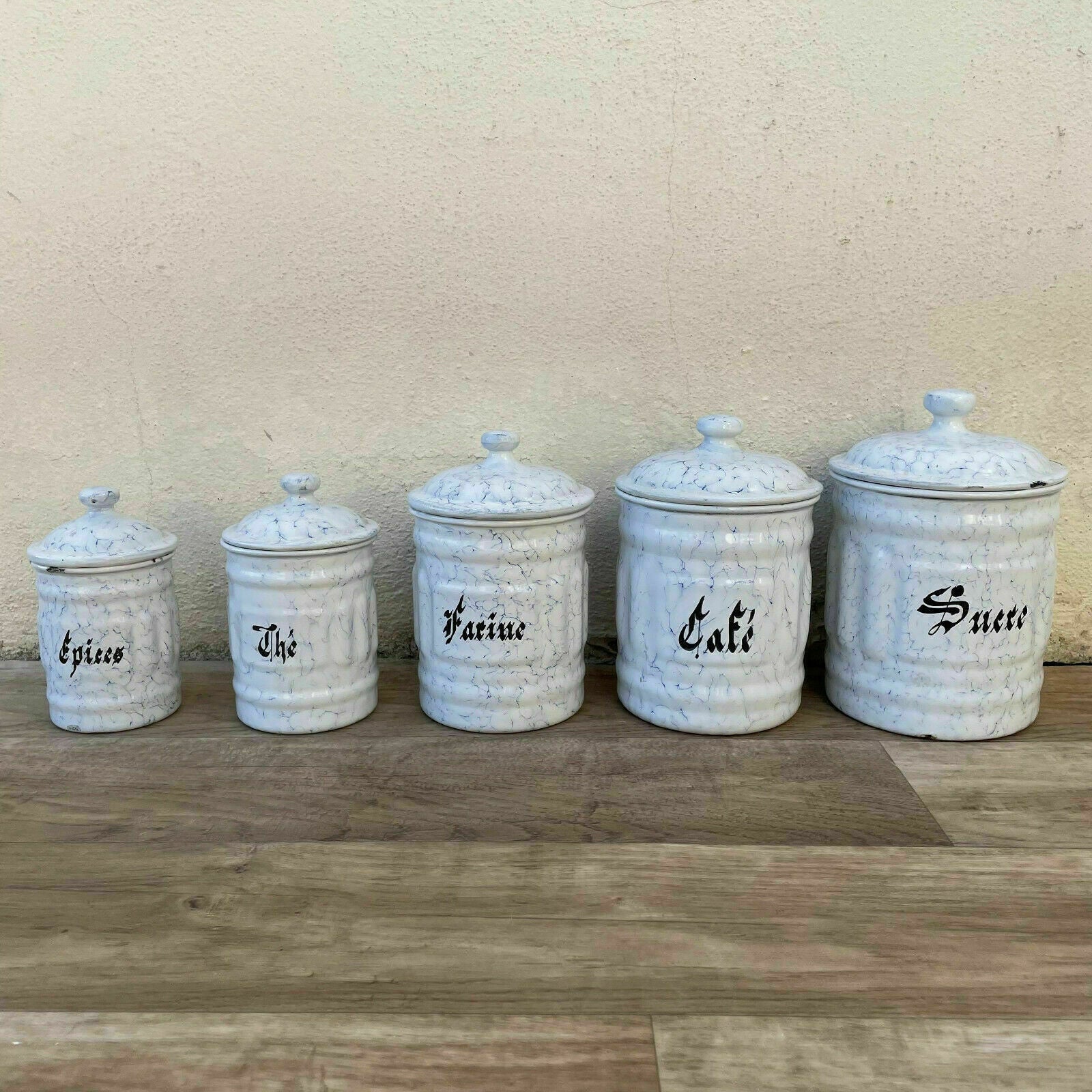 Bistro Francais Canister Set 5 French Enameled France Vintage 1900 s 0311218 - Fleamarketfrance