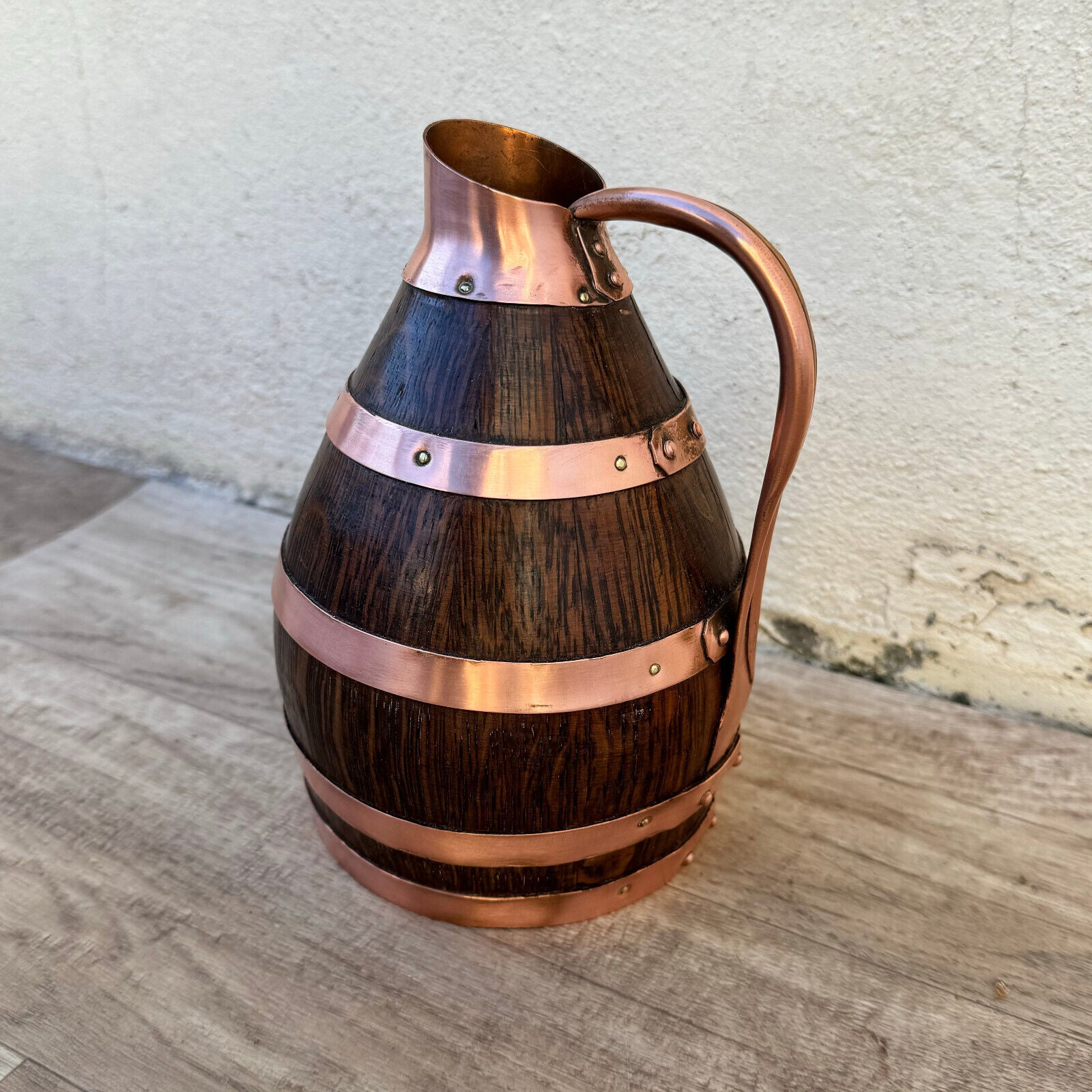 Vintage French Wooden Wine Cider Jug Pitcher Staved Wood Metal 7" 0405243 - Fleamarketfrance