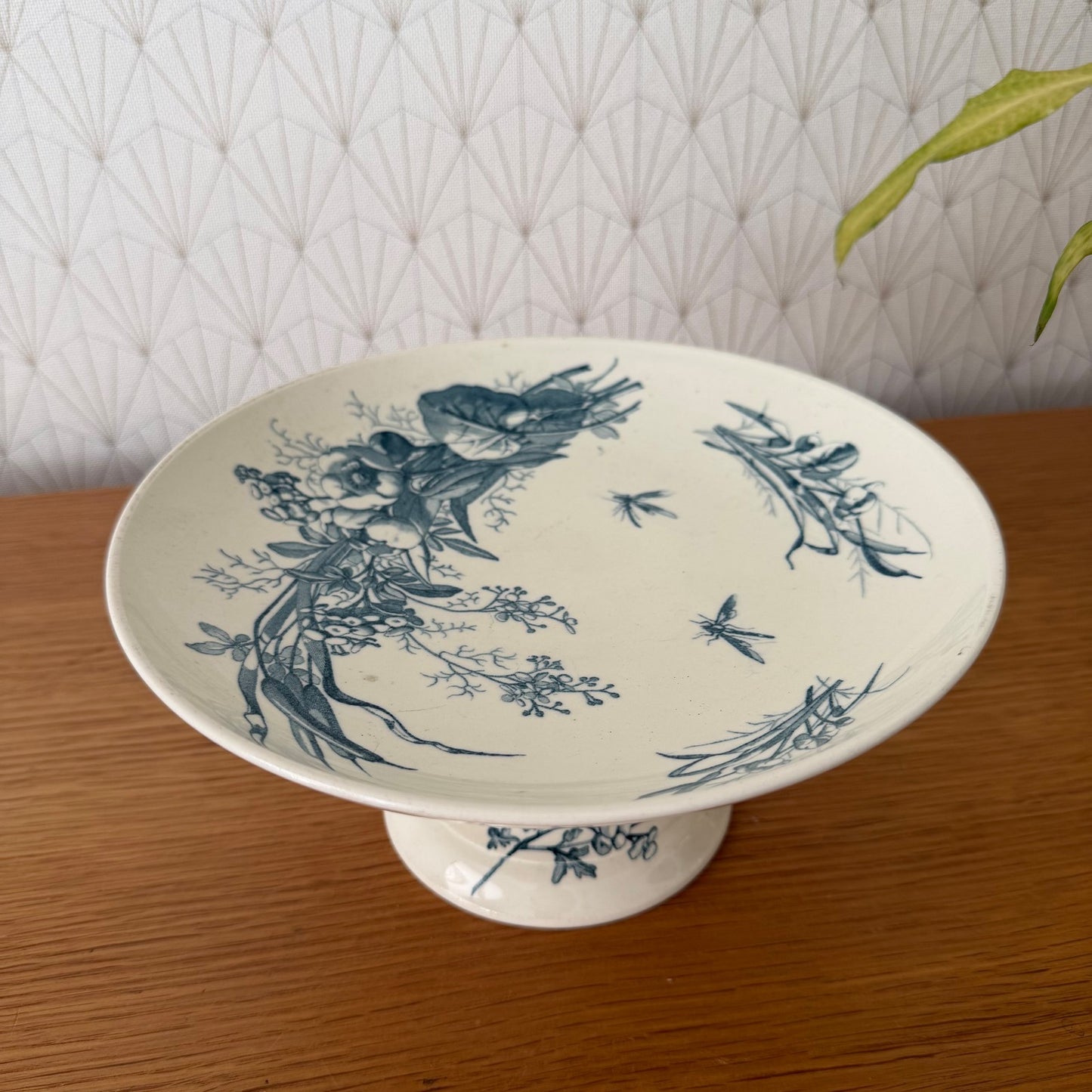 French Antique Luneville Compote Pedestal Dish Blue Floral Birds 0708264 Unmarked
