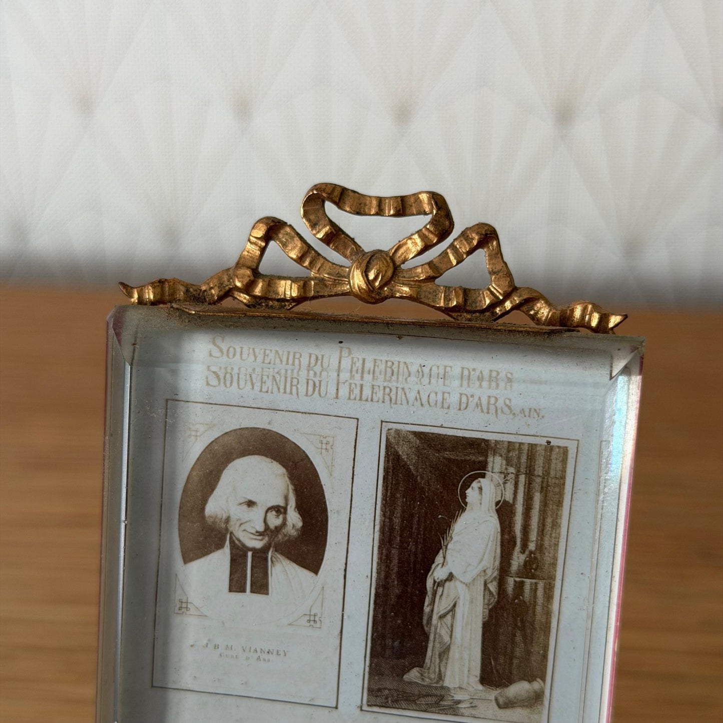 French Antique Brass Ribbon Bow Beveled Glass Photo Frame Cure d'Ars 27062612 Fleamarketfrance