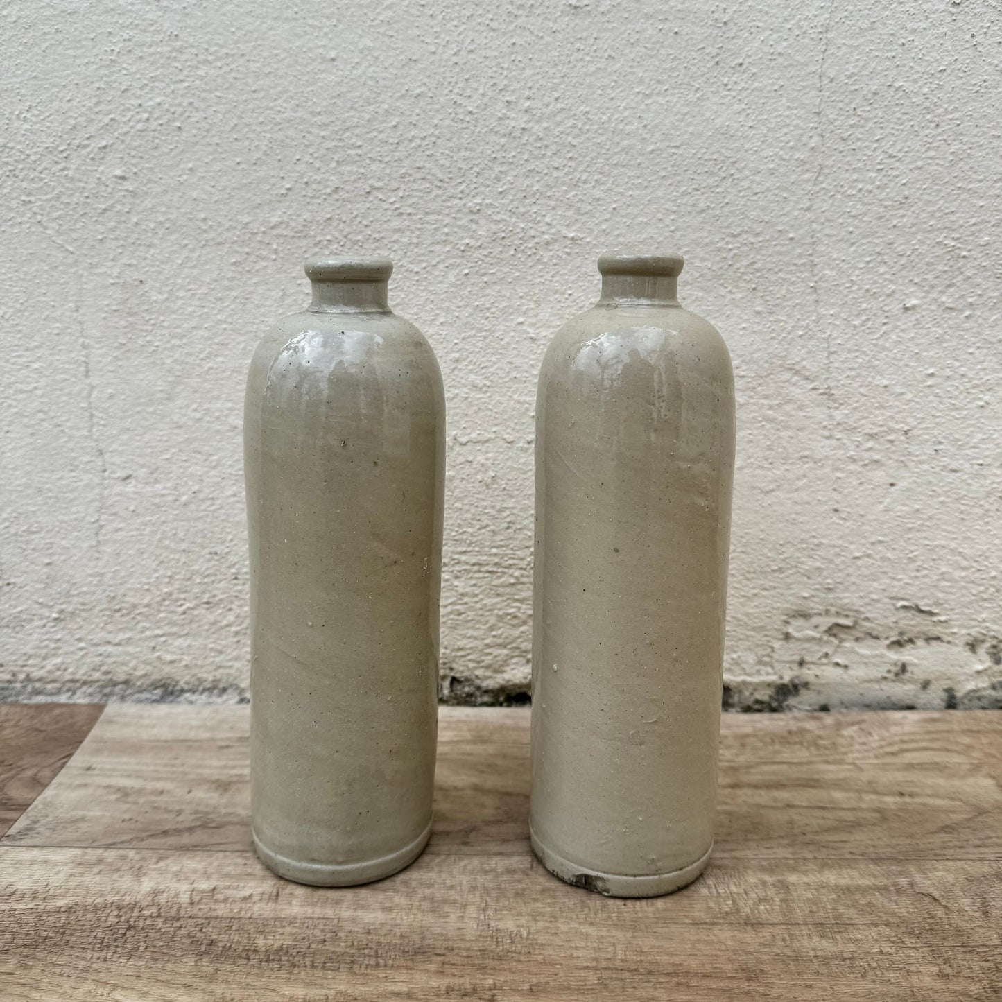 French Stoneware Bottles Vintage Ceramic Wine Jugs Pair Taupe Glaze 2904249 Unmarked