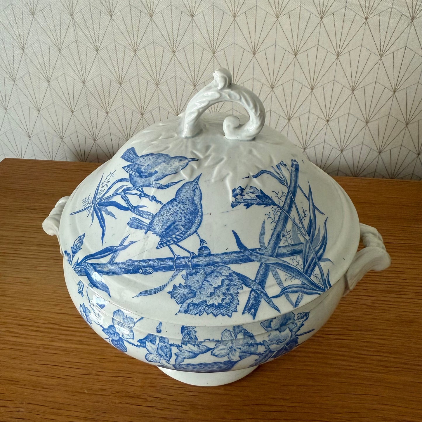 French Vintage Tureen  St Amand Earthenware Flowers Fruits Blue Bowl 1804251