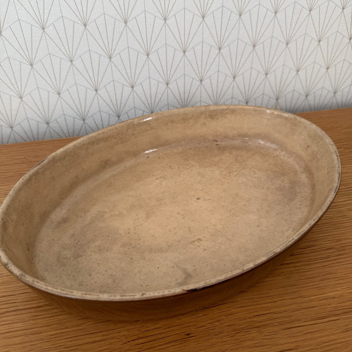 Antique French stoneware terrine baking dish, angled perspective showing depth