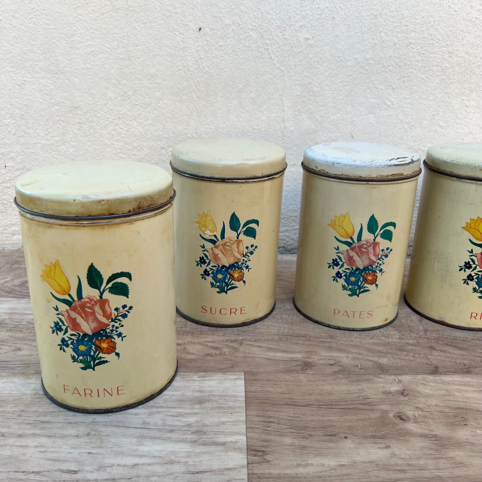 VINTAGE FRENCH METAL BOXS CANISTER SET  FLOUR SUGAR COFFEE RICE 2905241 - Fleamarketfrance