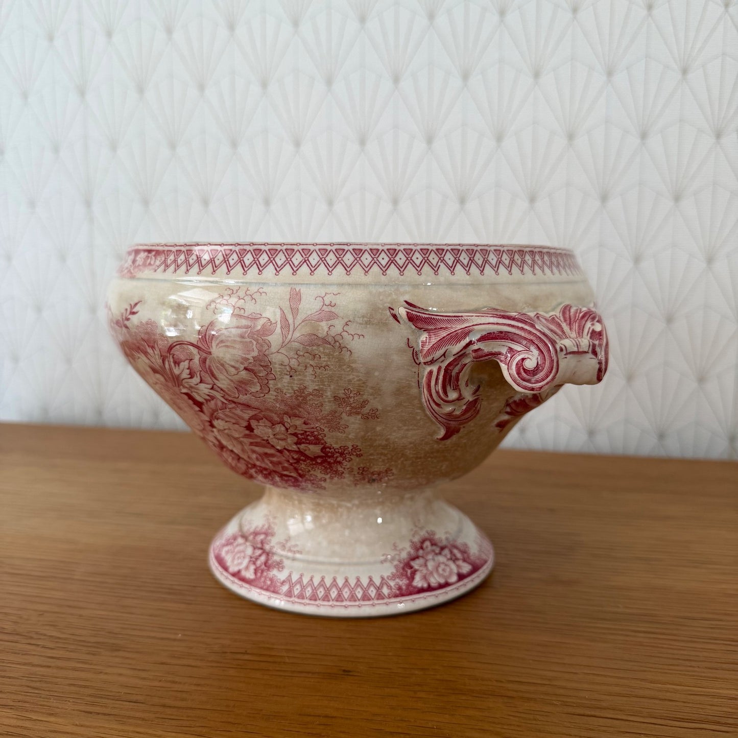 Antique French Sarreguemines Jardiniere Footed Ceramic Bowl Red 1408264 Fleamarketfrance