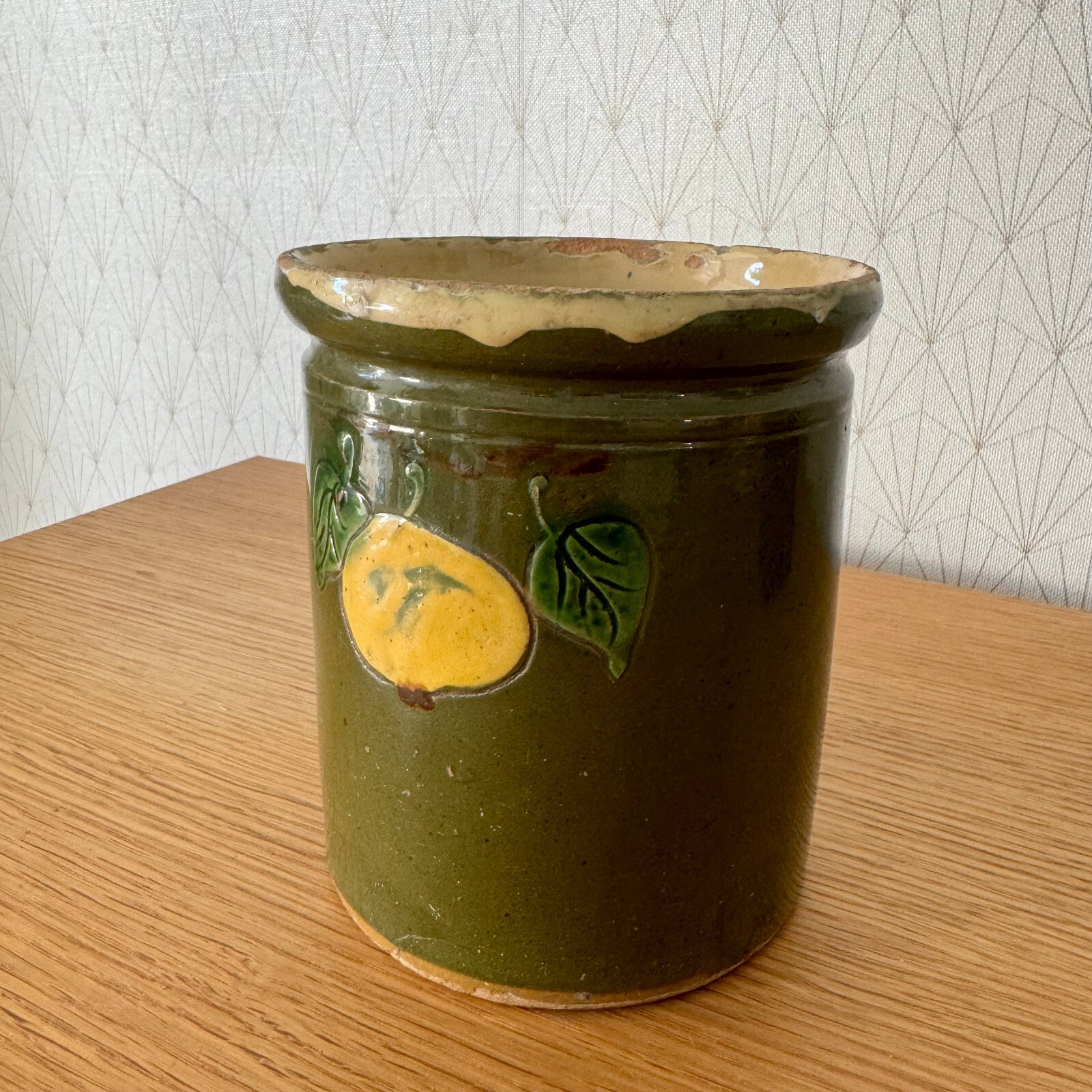 French Pottery Jam Jar Savoie Folk Art Green Glaze Antique 1906241 Unmarked
