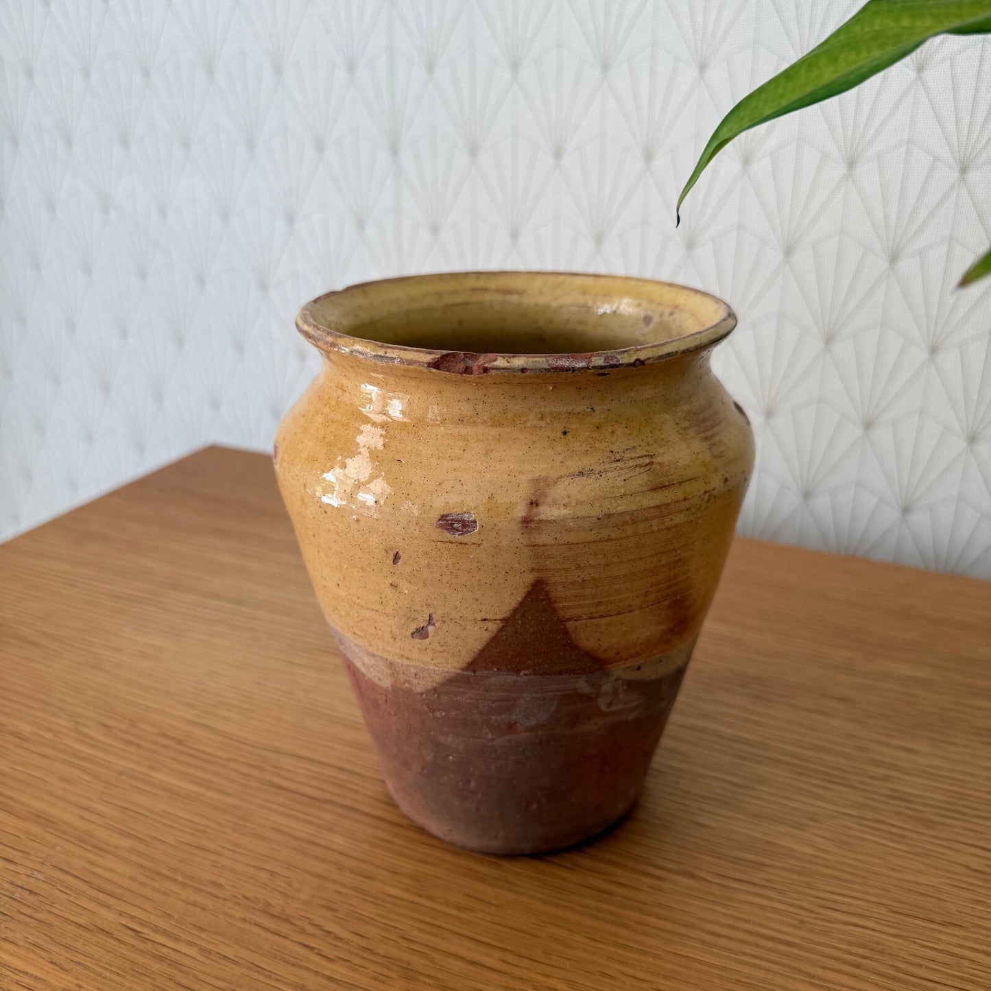 HANDMADE GLAZED GREEN ANTIQUE FRENCH MUSTARD POT 6 1/2" TERRACOTTA  1308256*