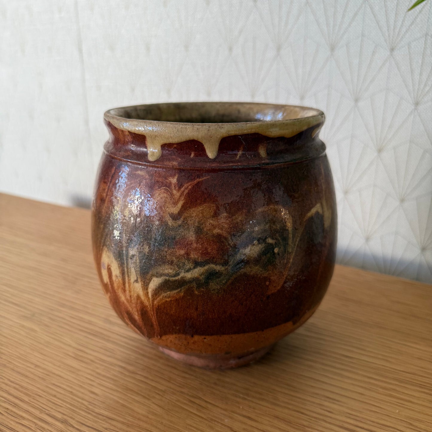 HANDMADE GLAZED RED YELLOW ANTIQUE FRENCH HONEY POT TERRACOTTA 1904258
