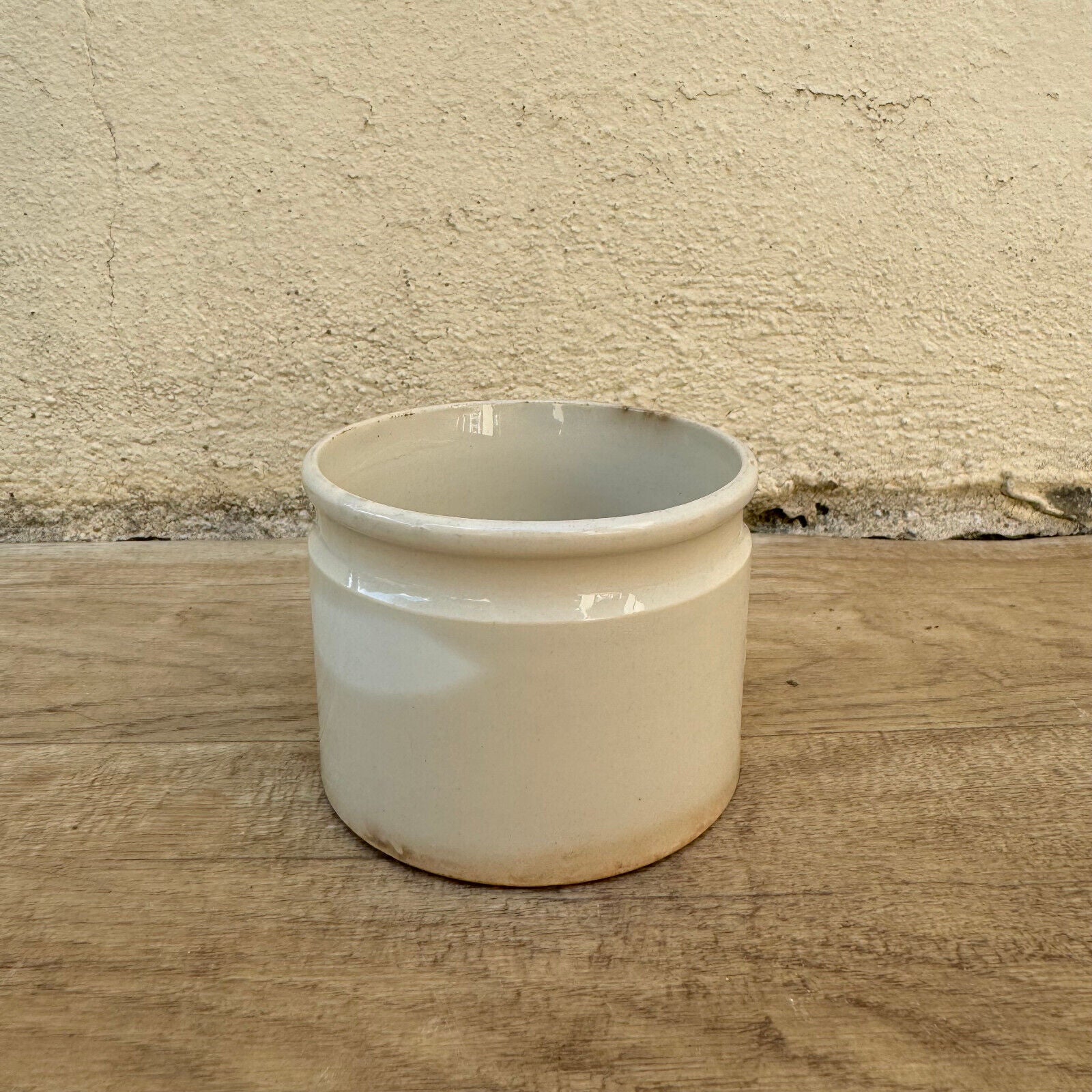 HANDMADE GLAZED White beige FRENCH CONFIT JAM POT SMALL CREIL MONTEREAU 09072413 - Fleamarketfrance