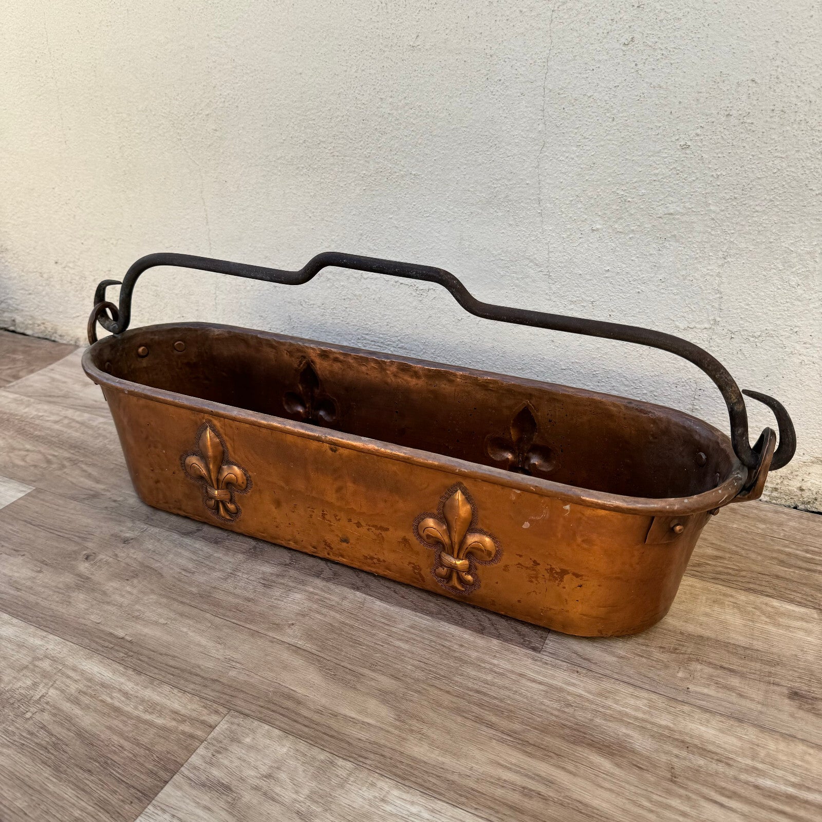 French Copper Fish Kettle Fleur de Lis Antique Poacher Planter 1404241 Villedieu